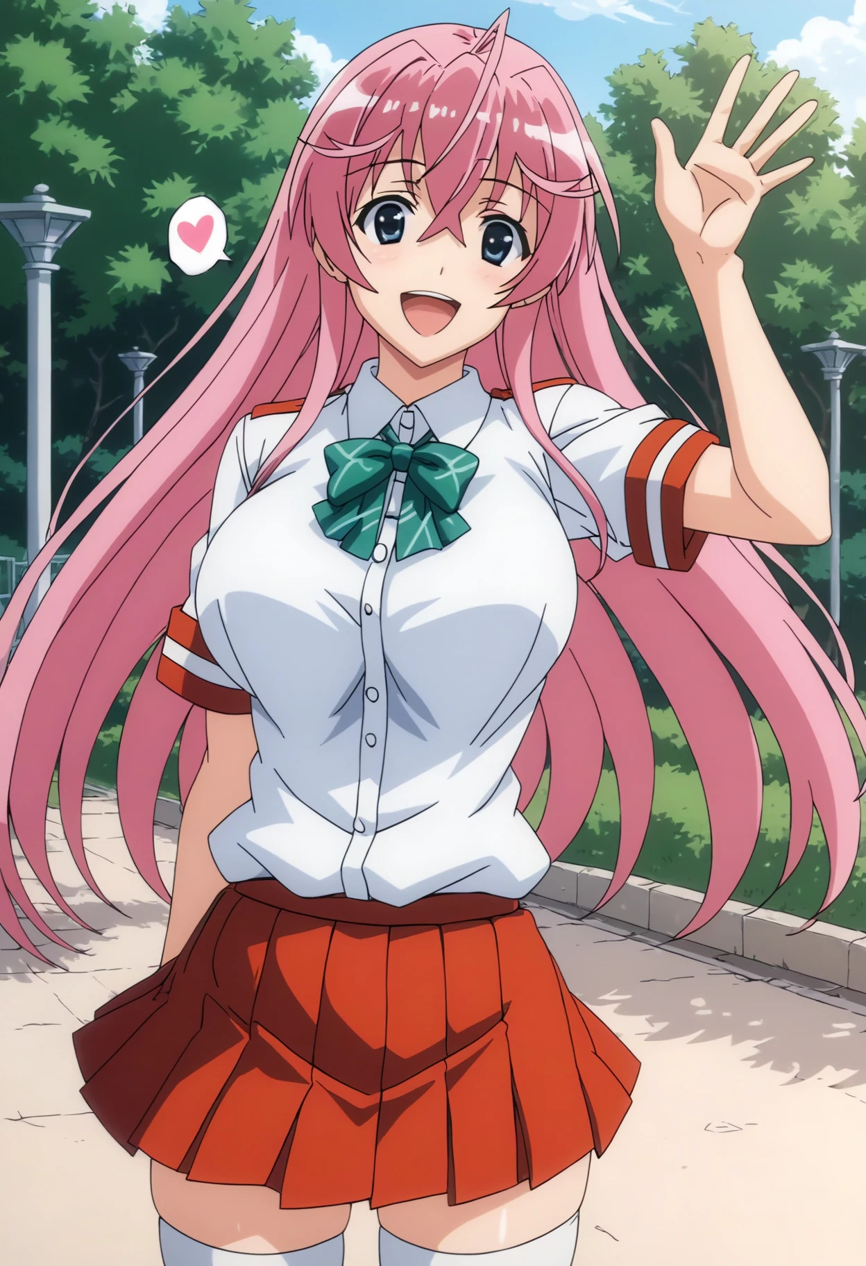 <lora:offset_0.2:0.6>, <lora:xl_more_art-full_v1:0.6>, <lora:add-detail-xl:0.7>,<lora:Smooth Anime 2 Style SDXL_LoRA_Pony Diffusion V6 XL:0.6>, <lora:sdxl_lightning_8step_lora:1>,<lora:sdxl-hairdetailer_02:0.6>
score_9, score_8_up, score_7_up, BREAK source_anime,best quality, masterpiece,anime screencap,source_anime,(ai-generated:0.8),
best quality, very aesthetic,absurdres,
otmn,<lora:Pony_otmn_v1_XL-000015:0.85>
1girl,solo,
pink hair,
large breasts,
smile,happy,v,
white shirt,school uniform,short sleeves, red colored pleated skirt, green colored bowtie, white thighhighs,
spoken heart,
standing,waving,
in school,
