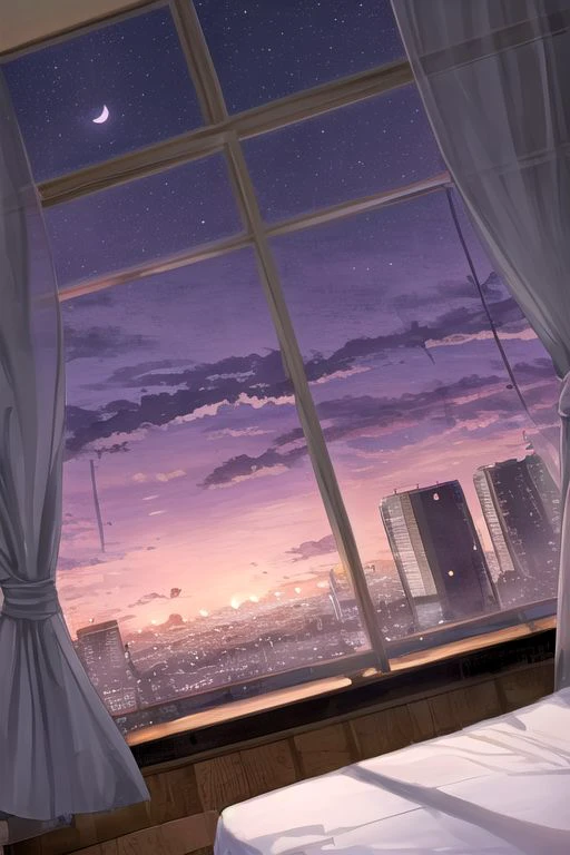 lofi color, purple sky, cloud, windows, indoors, pillow, no humans, window, bed, sunset and moon, curtains, building, scenery, sunset, city, purple sun, cityscape, bedroom, purple sky, purple sky, lofi pastel color, pink sunset