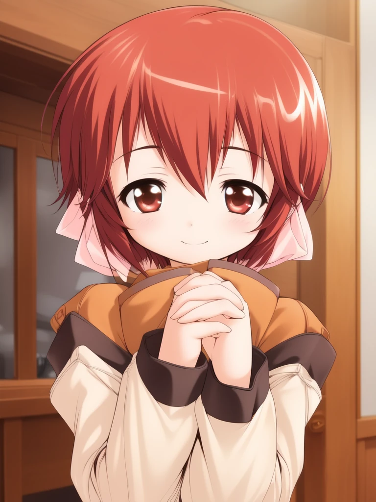 <lora:HeartfulCafe:0.9>,kousaka_chiyori, 1girl, solo, own hands together, own hands clasped, smile, ribbon, long sleeves, looking at viewer,
masterpiece, high quality, very_high_resolution, large_filesize, full color,