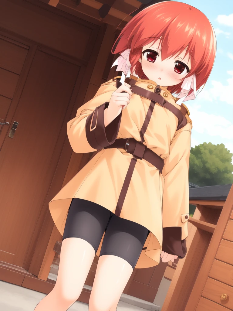 <lora:HeartfulCafe:0.8>kousaka_chiyori, 1girl, solo, red hair, short hair,red eyes,hair ribbon,
bike shorts, blush, ribbon, long sleeves, dutch angle, Cream coat,
masterpiece, high quality, very_high_resolution, large_filesize, full color,