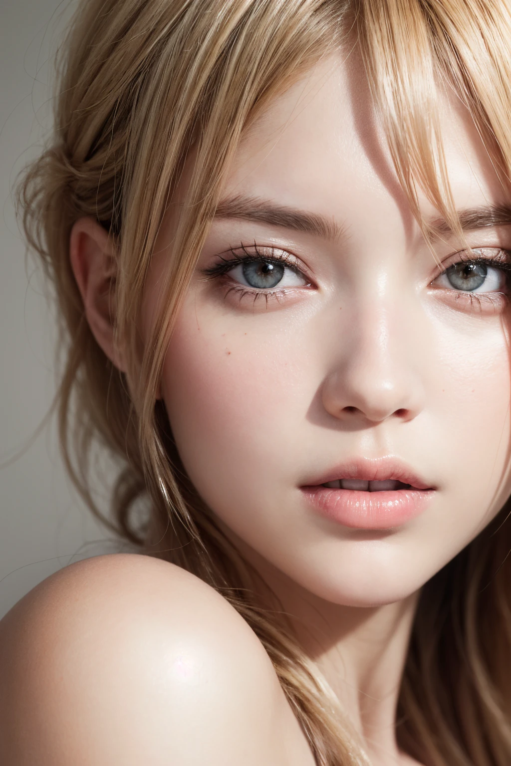 1girl, (close up:1.4), oblique angle, canted angle, (best quality, masterpiece, illustration, photorealistic, photo-realistic), (realistic:1.4), RAW photo, ultra-detailed, CG, unity, 8k wallpaper,16k wallpaper, extremely detailed CG, extremely detailed, an extremely delicate and beautiful, extremely detailed, Amazing, finely detail, official art, High quality texture, incredibly absurdres, highres, huge filesize, highres, look at viewer, (young:1.4), (beautiful detailed girl), 18 years old girl, blonde hair, (glossy shiny skin, beautiful skin, fair skin, white skin, realistic_skin), perfect face, detailed beautiful face, glossy lips,
