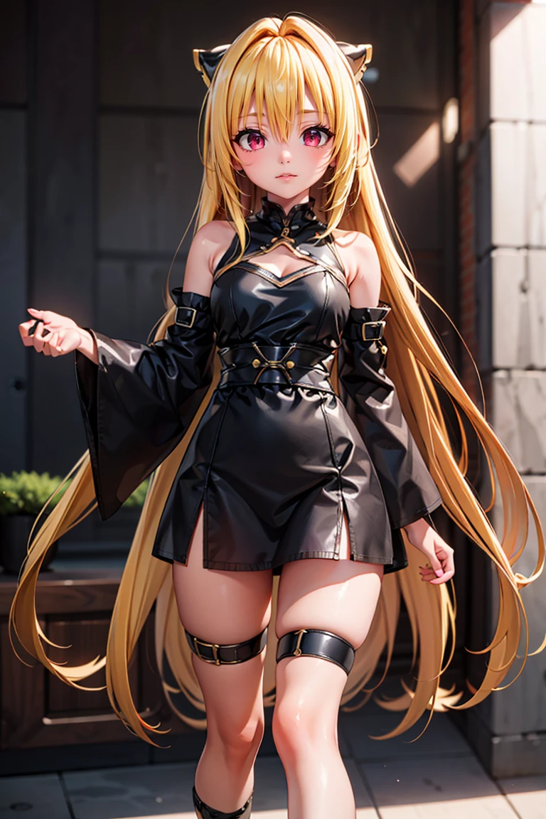 (masterpiece), <lora:Beautiful_CAT_v3:0.8>, best quality, high resolution, highly detailed, perfect lighting,  (finely detailed beautiful eyes: 1.2), phyami, yaminor, 1girl, solo, blonde hair, long hair,  red eyes, thigh strap, very long hair, detached sleeves, black dress,  <lora:yami-v1:1.0>,