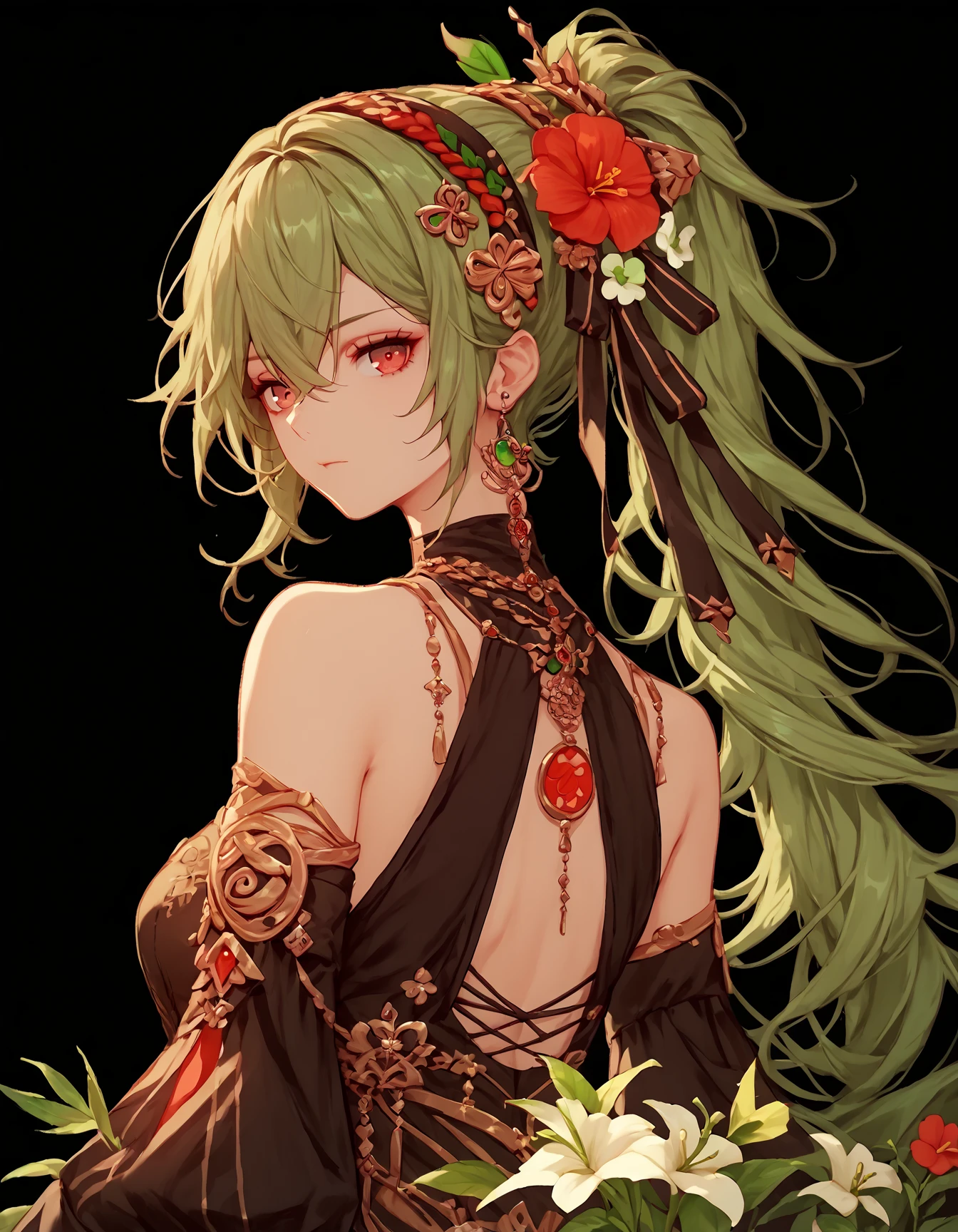 score_9, score_8_up, score_7_up, score_6_up, score_5_up, score_4_up, 1girl, solo, red hair, irish, long hair, looking at viewer, hair ornament, red eyes, dress, ribbon, hair between eyes, bare shoulders, jewelry, closed mouth, hair ribbon, upper body, ponytail, flower, sidelocks, hairband, earrings, detached sleeves, green hair, looking back, hair flower, from behind, black dress, black ribbon, white flower, black background, red flower, crossed bangs, four leaf clover, celtic theme