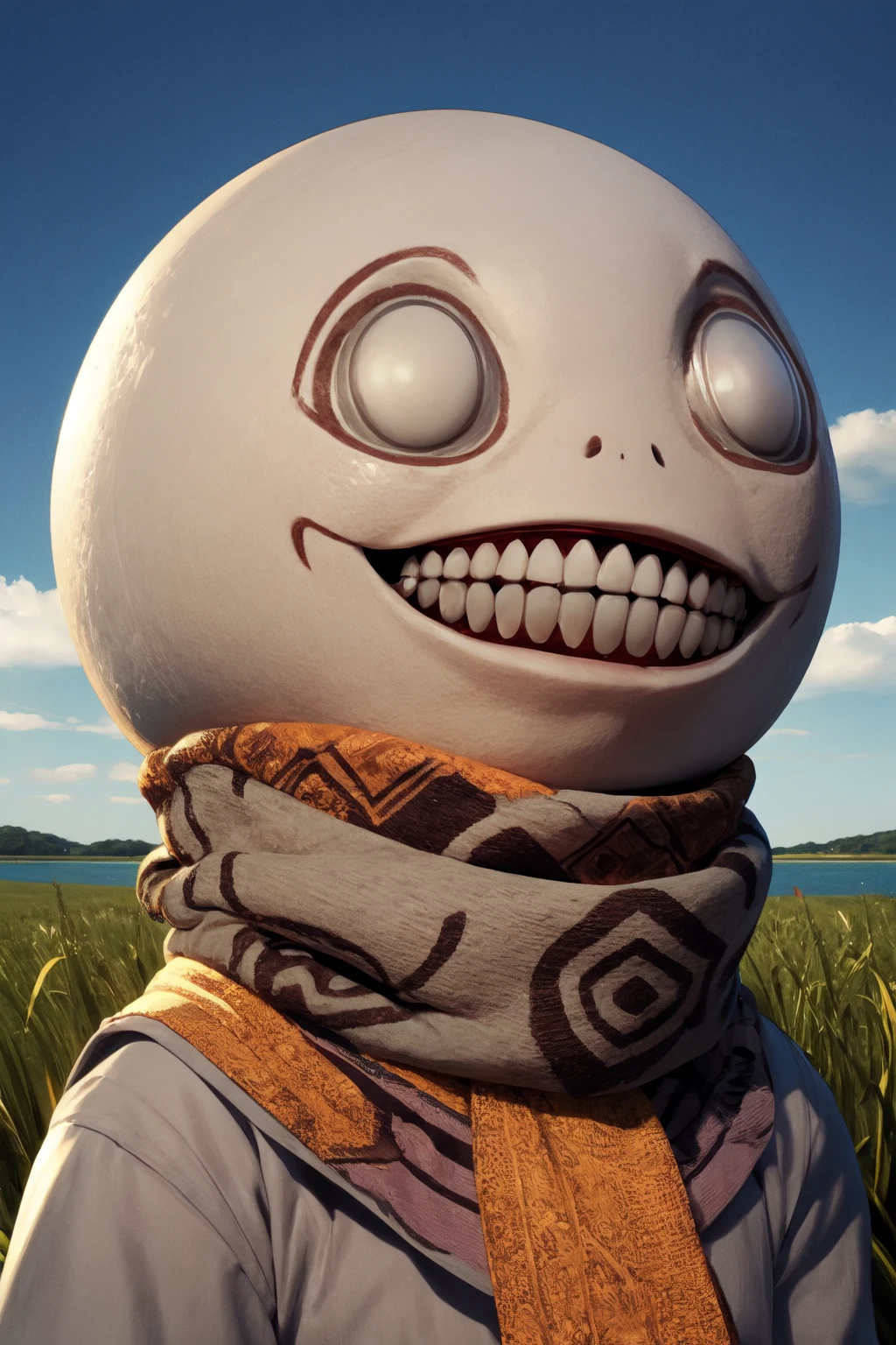 (from side, head:1.2),(outdoor, grass fields and lake:1.5),
1boy,male focus,looking at viewer, <lora:emil4-000006:0.7> (em1l, teeth, no humans, head, open mouth, 1other, smile, grin, cloak, scarf, light_grey_head:1.5),skeleton_hands,
(best quality:1.1), (masterpiece:1.4), (absurdres:1.0),highres,clean, wallpaper, ((ultra-detailed:1.5)), (best illustration),<lora:add_detail:0.5>