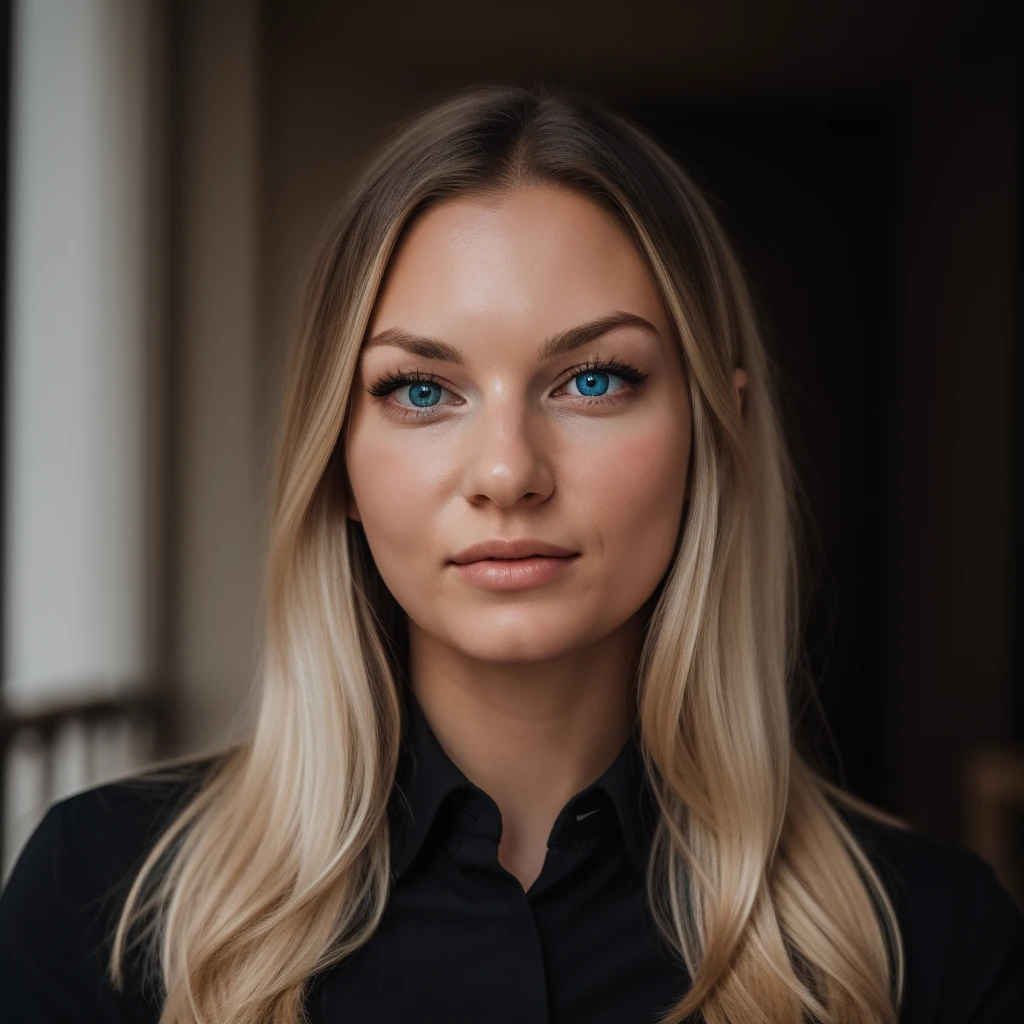 Best_QualityPos, RAW photo, intricate details, best quality, 8k uhd, soft lighting, 1girl, solo, emelie lundberg, long hair, blonde hair, black collared shirt, blue eyes <lora:Emelie_Lundberg:0.5>