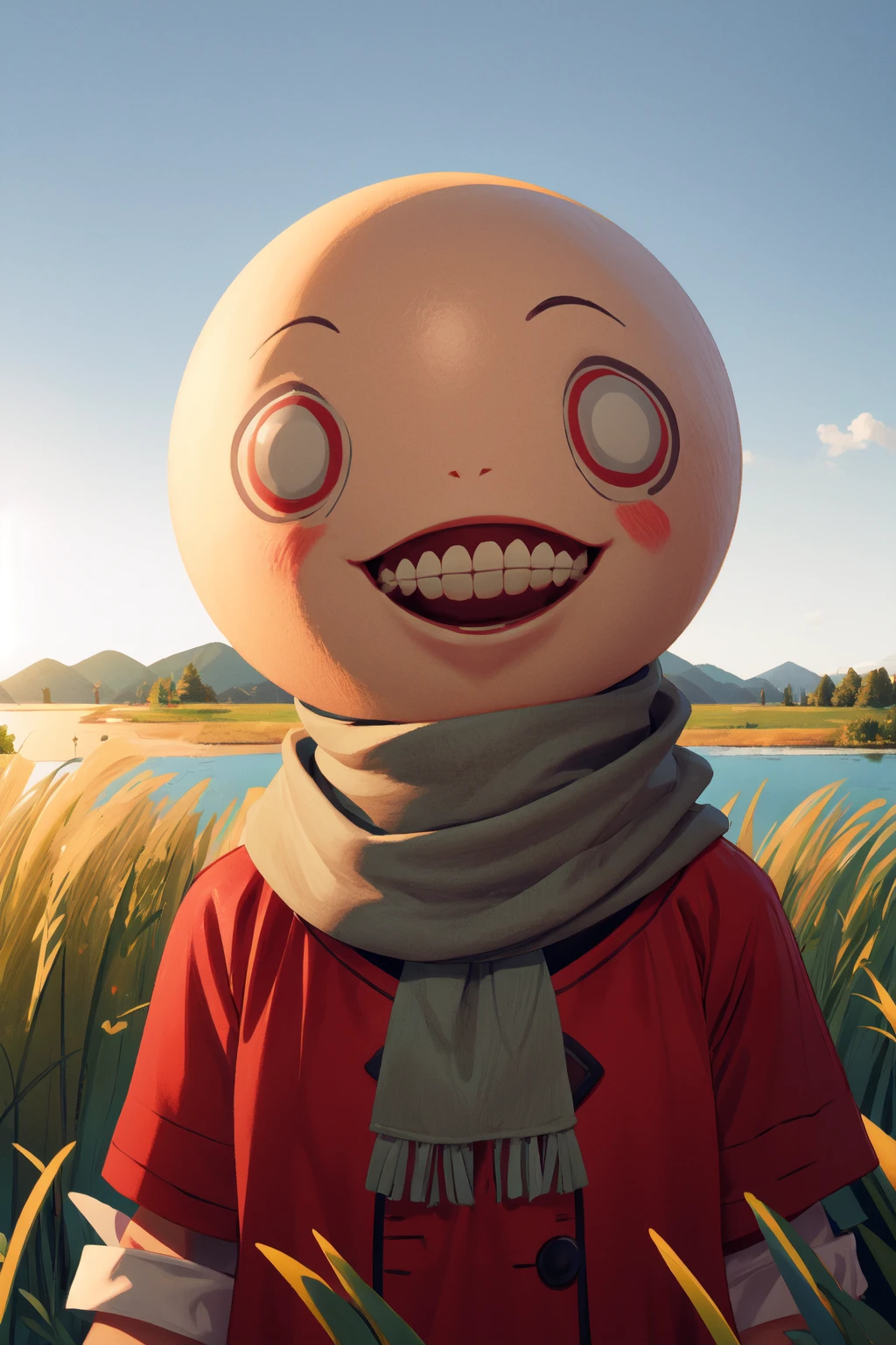 (from front, head:1.2),(outdoor, grass fields and lake:1.5),
1boy,male focus,looking at viewer, <lora:emil4-000006:0.7> (em1l, teeth, no humans, head, open mouth, 1other, smile, grin, cloak, scarf, light_grey_head:1.5),skeleton_hands,
(best quality:1.1), (masterpiece:1.4), (absurdres:1.0),highres,clean, wallpaper, ((ultra-detailed:1.5)), (best illustration),<lora:add_detail:0.5>