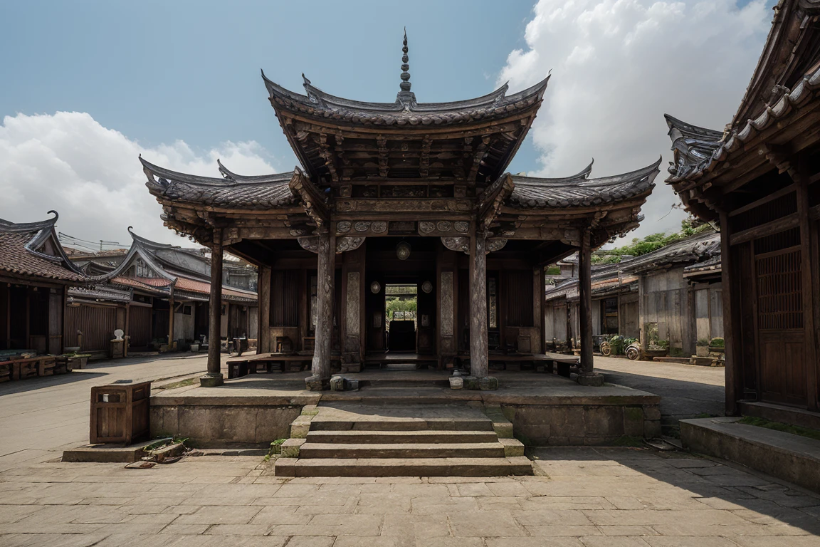 architecture, landscape, scenery, east asian architecture, Lukang Longshan temple, (Taiwanese temple, Hokkien architecture, Southern Min architecture) East Asia, vintage, historical, heritage, trational, ancient, wooden structure, orange tiled roof, upward curve ridge roof, trees<lora:EMS-317607-EMS:0.800000>