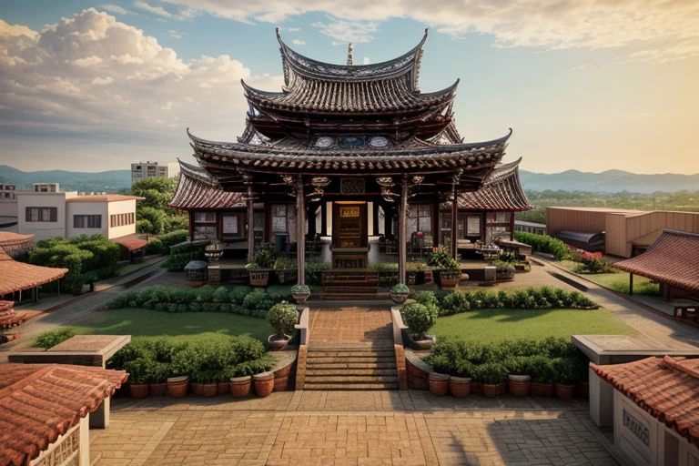 architecture, landscape, scenery, east asian architecture, Lukang Longshan temple, (Taiwanese temple, Hokkien architecture, Southern Min architecture) East Asia, vintage, historical, heritage, trational, ancient, wooden structure,  (orange tiled roof, upward curve ridge roof,), best quality, masterpiece, <(realistic:1.3), intricate details>, 8k, RAW photo, scenery, (hdr:1.25), (intricate details:1.14), (hyperrealistic 3d render:1.16), (filmic:0.55), aerial view, multiple temples, old city