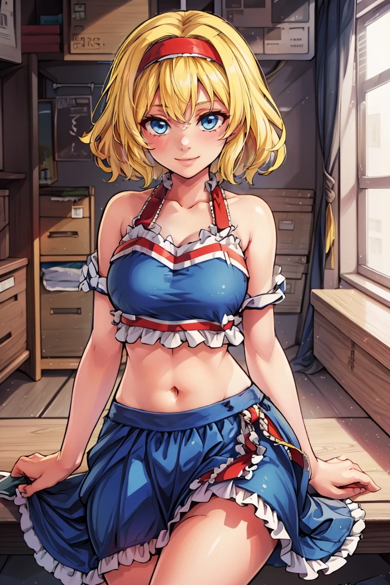 ((masterpiece,best quality)), absurdres, <lora:Alice_Margatroid_Touhou:0.8>, Alice_Margatroid_Touhou,  alice margatroid, 1girl, short hair, blonde hair, solo, blue eyes,  red hairband, solo, smiling, looking at viewer, cowboy shot, cheerleader,  crop top, midriff, miniskirt, locker room, locker, indoors, bench, sitting, crossed legs