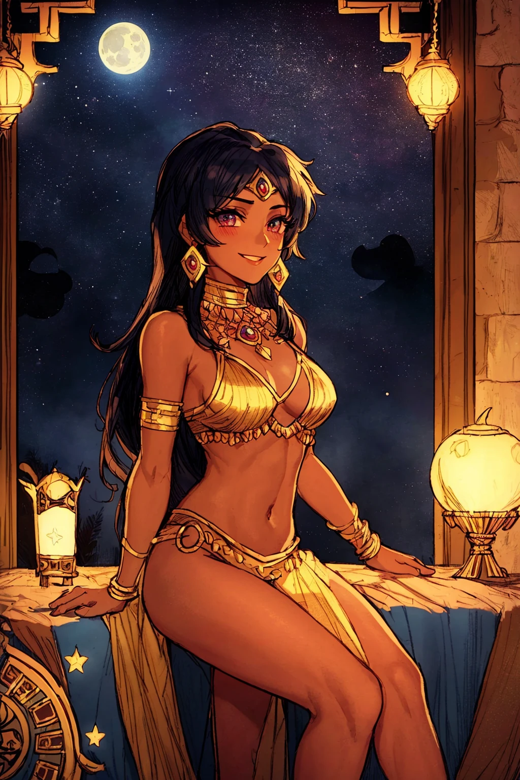 masterpiece, ultra-detailed, best quality, illustration, 8k cg wallpaper, an extremely delicate and beautiful, 1girl, Princess Jasmine /(Aladdin/), solo, perfect anatomy, smiling, blushing, dark skin, perfect arms, perfect hands, perfect fingers, perfect legs, cute, pretty, beautiful, sexy, perfect body, (background: Arabian city, Arabian buildings, night sky, moon, stars, intricately detailed items in background), <lora:XStarve:1>