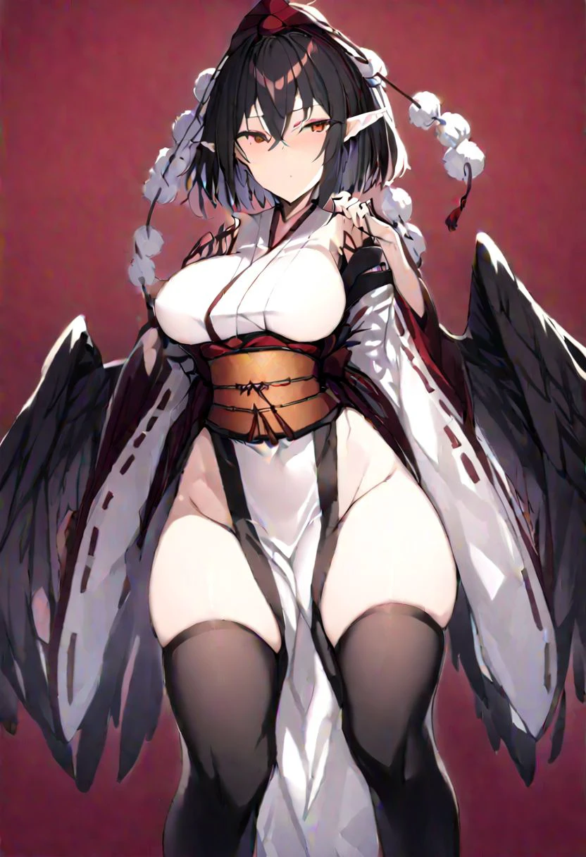 (Best quality:1.4), 8K resolution, high resolution, 1woman, Beautiful woman, The best beauty, bangs, black hair, black wings, blunt bangs, feathered wings, hair ornament, hand fan, hat, hauchiwa, large breasts, (big boobs, grab the boobs:1.5), lips, long hair, looking at viewer, mole under mouth, nipples, ass, thick thighs, the woman is opens her kimono with naked and walking with her large breasts exposed, black kimono, black furisode, off shoulder, yellow obi, sexy micro panty, nyotengu, pom pom \(clothes\), purple eyes, solo, tengu, tokin hat, wings, from below, (masterpiece:1.4), (shiny skin), (open squat:1.4), steaming body, moon, red moon