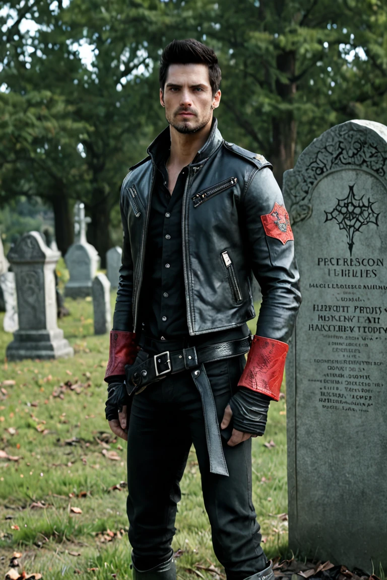 bdo_warrior, scene from movie, 1man, upper body, right side view, looking at viewer, short black hair, facial hair, red eyes, halloween outfit, black jacket, black pants, black boots, torn clothes, background of graveyard with headstones, sophisticated details, sharp focus, masterpiece, perfect anatomy, perfect face, detailed face, handsome face, perfect hands, best quality, 8k