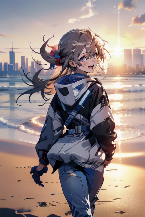 masterpiece, best quality, cowboy shot, looking back at viewer, :d, long hair, one side up, hair scrunchie, hooded jacket, pants, running, outdoors, sunset, beach, skyline,