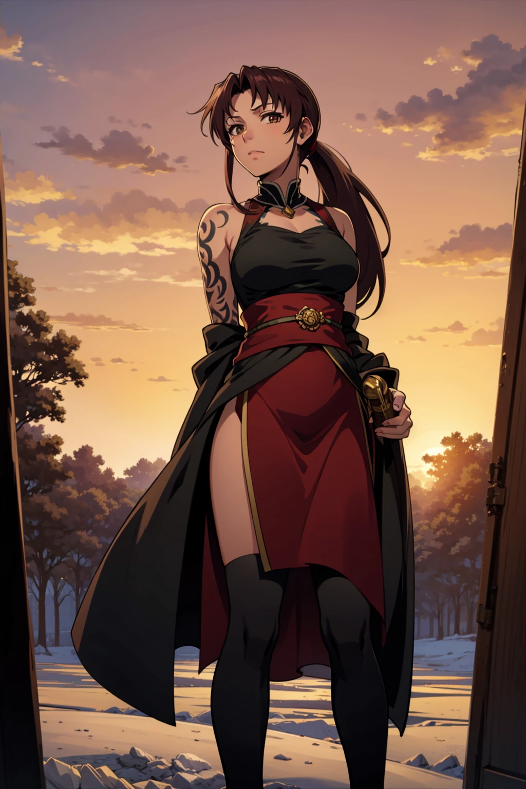 masterpiece, best quality, 1girl, solo, facing viewer,<lora:EPblRevy-07:0.7>, EPblRevy, long hair,ponytail,brown hair,brown eyes, tattoo, arm tattoo, shoulder tattoo
BREAK
triangles, cold, ice, evening, arms behind back, dracula costume, sash, loafer, relaxed