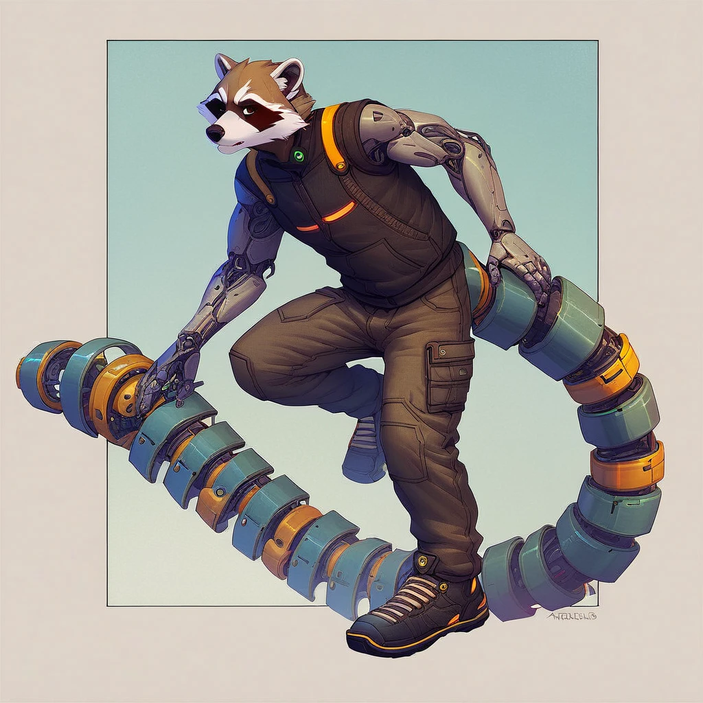 male, raccoon, full length portrait, detailed background, clothed, anthro, source_furry, cybernetic tail, cybernetic spine, cyberpunk, mechanical tail, purple <lora:PonyQuality_V3.3:1.0>