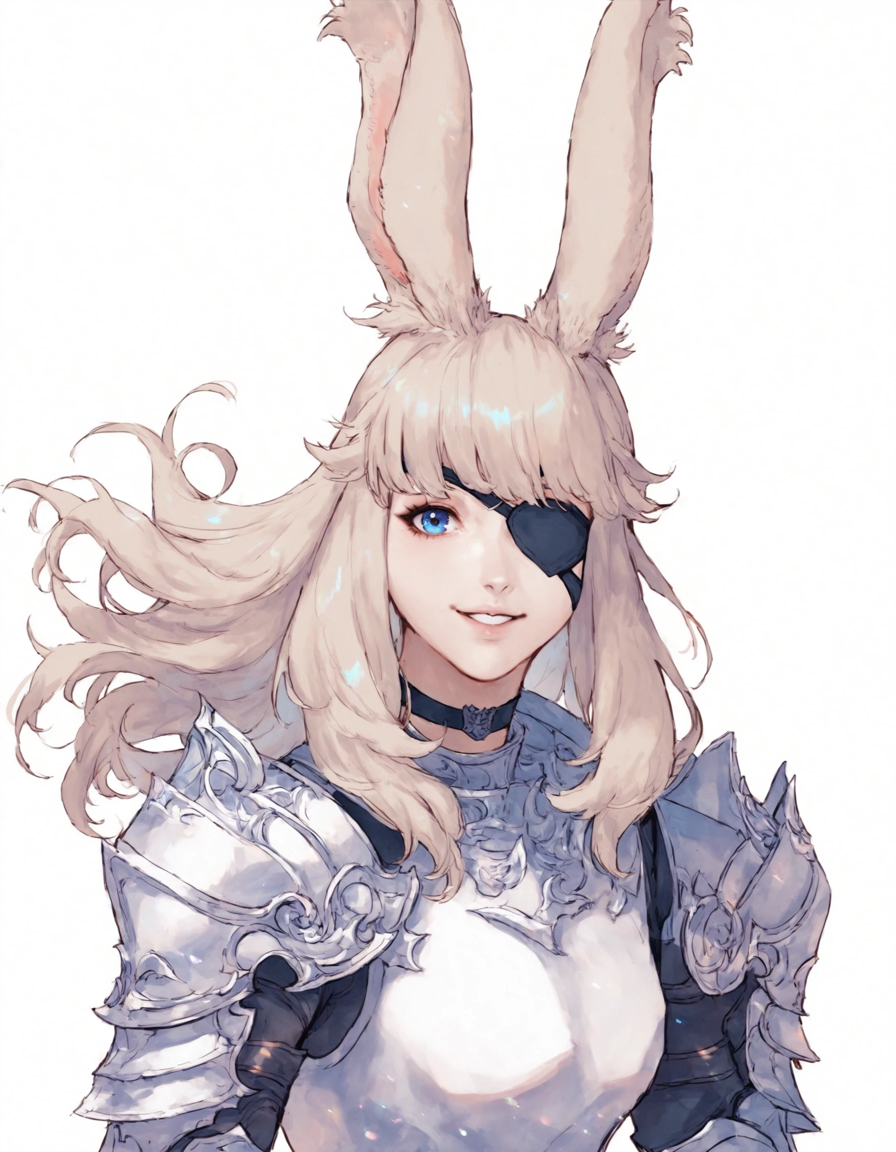 score_9, score_8_up, score_7_up, score_6_up, score_5_up, score_4_up,FFXIV_Viera, 1girl, solo, long hair, looking at viewer, smile, bangs, blue eyes, simple background, white background, animal ears, upper body, choker, armor, rabbit ears, eyepatch, gauntlets, breastplate, viera <lora:FFXIV_VieraPonyXL:1>