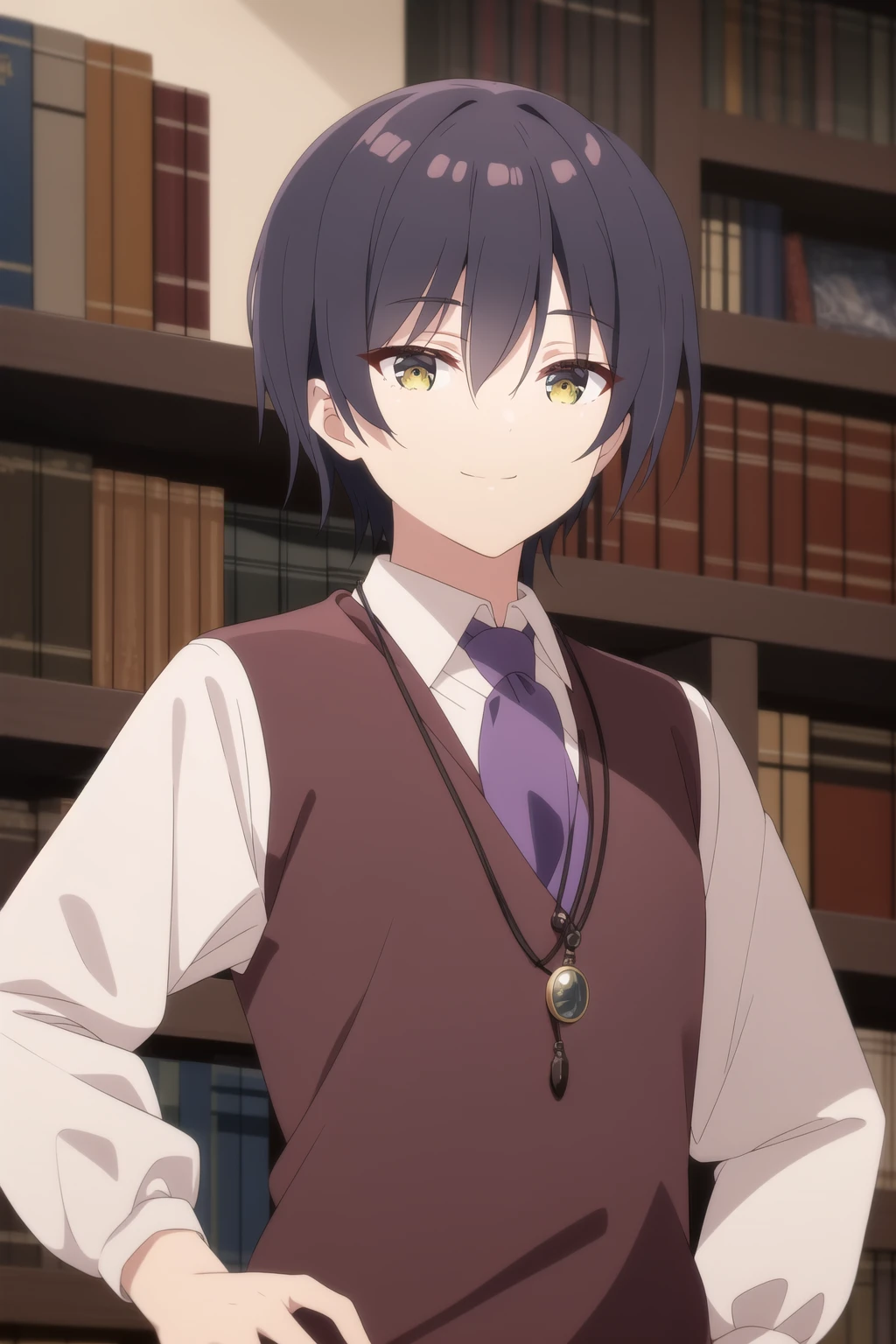 solo, looking at viewer, smile, short hair, bangs, shirt, black hair, long sleeves, 1boy, hair between eyes, jewelry, closed mouth, blue hair, yellow eyes, white shirt, upper body, male focus, necktie, collared shirt, indoors, necklace, vest, hand on hip, book, ascot, bookshelf, red vest, shelf, brown vest, purple necktie