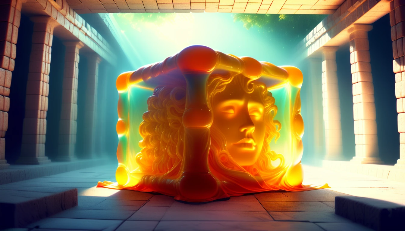 designed by Greg Rutkowski and Alphonse Mucha, Dutch angle shot of a Gigantic gelatinouscube, concept art, inside of a Chichen Itza, deep focus, Solarpunk Art, F/5, Instax, Pixabay, science fiction