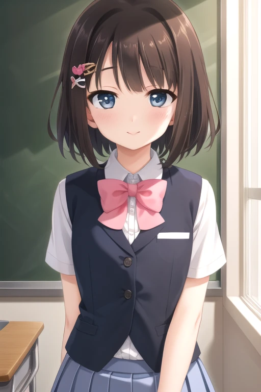 ((masterpiece)),(best quality),official art,extremely detailed CG,unity 8k wallpaper,ultra detailed,beautiful detailed eyes,extremely detailed face,classroom,1girl,solo,upper body,(portrait:1.5),looking at viewer,facing viewer,(petite:1.3),smile,Seguchi Mahiru,short hair,brown hair,hair intakes,hairclip,hair ornament,hair flower,blunt bangs,blue eyes,blue suit vest,wing collar,collared shirt,white shirt,pink bowtie,short sleeves,blue cuffs,small breasts,blue skirt,pleated skirt,black pantyhose,loafers,<lora:Seguchi Mahiru(okjmd):0.8>,