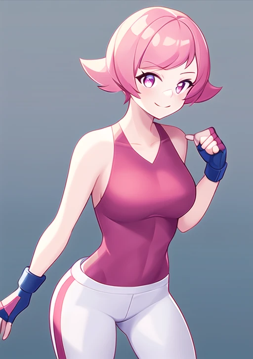 <lora:Maylene:0.7>,maylene, 1girl, solo, breasts, smile, short hair, bangs, gloves, closed mouth, collarbone, pink hair, pants, hand up, fingerless gloves, pink eyes, eyelashes, clenched hand, bandaid, outline, white pants, bandaid on face, blue gloves, bandaid on nose, bandaid on arm