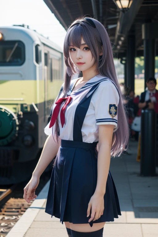 ltra-detailed,highly detailed,best quality,masterpiece,illustration,realistic,photorealistic,
clannad, hikarizaka private high school uniform, summer uniform,
1girl, solo, cosplay,
serafuku, short sleeves shirt, sailor collar, suspender skirt, thighhighs, neck ribbon,
bangs, hair ornament, very long hair, purple hair, single sidelock,
looking at viewer, standing, cowboy shot,
outdoors, photo background, train station, plant, day, window,
<lora:clannad_v1_07:0.6>