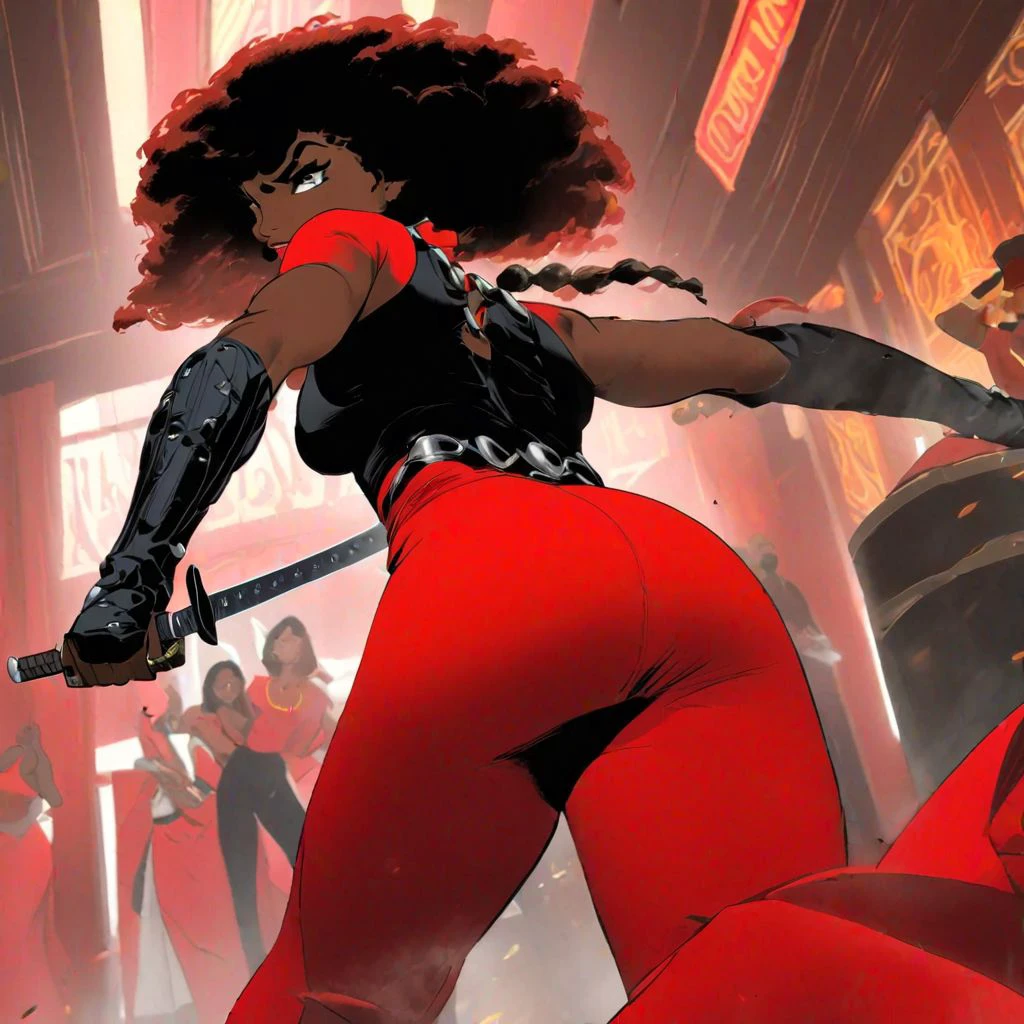 action shot, black woman in bar, holding sword, red dress displaying shapely big ass