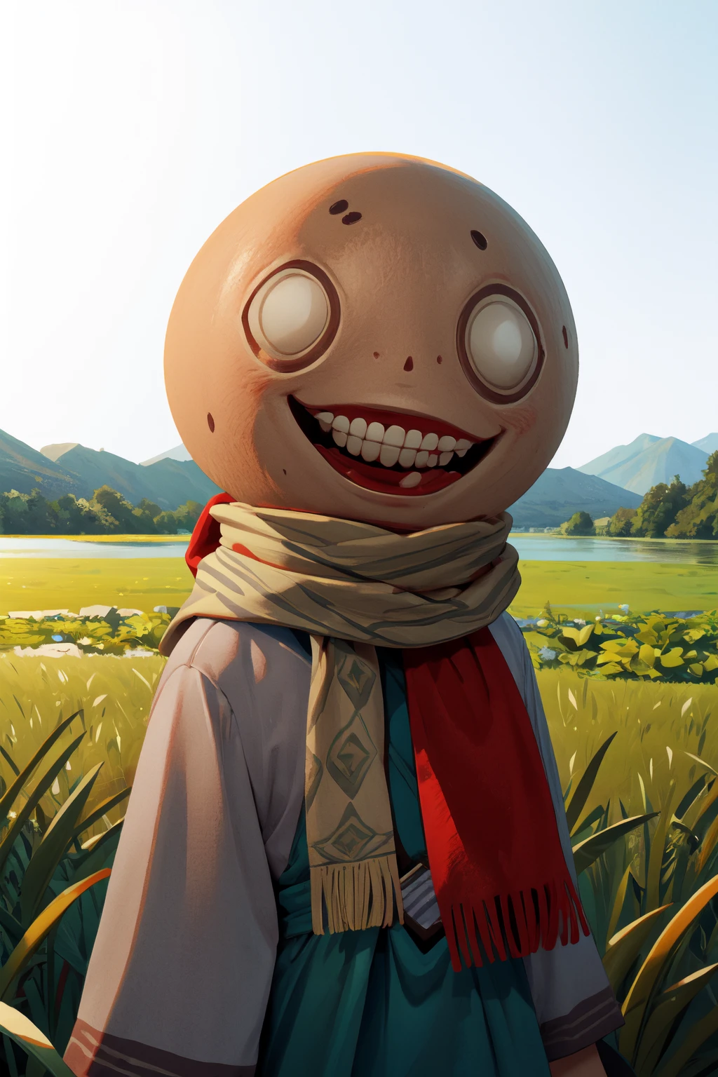 (from side, head:1.2),(outdoor, grass fields and lake:1.5),
1boy,male focus,looking at viewer, <lora:emil4-000006:0.7> (em1l, teeth, no humans, head, open mouth, 1other, smile, grin, cloak, scarf, light_grey_head:1.5),skeleton_hands,
(best quality:1.1), (masterpiece:1.4), (absurdres:1.0),highres,clean, wallpaper, ((ultra-detailed:1.5)), (best illustration),<lora:add_detail:0.5>