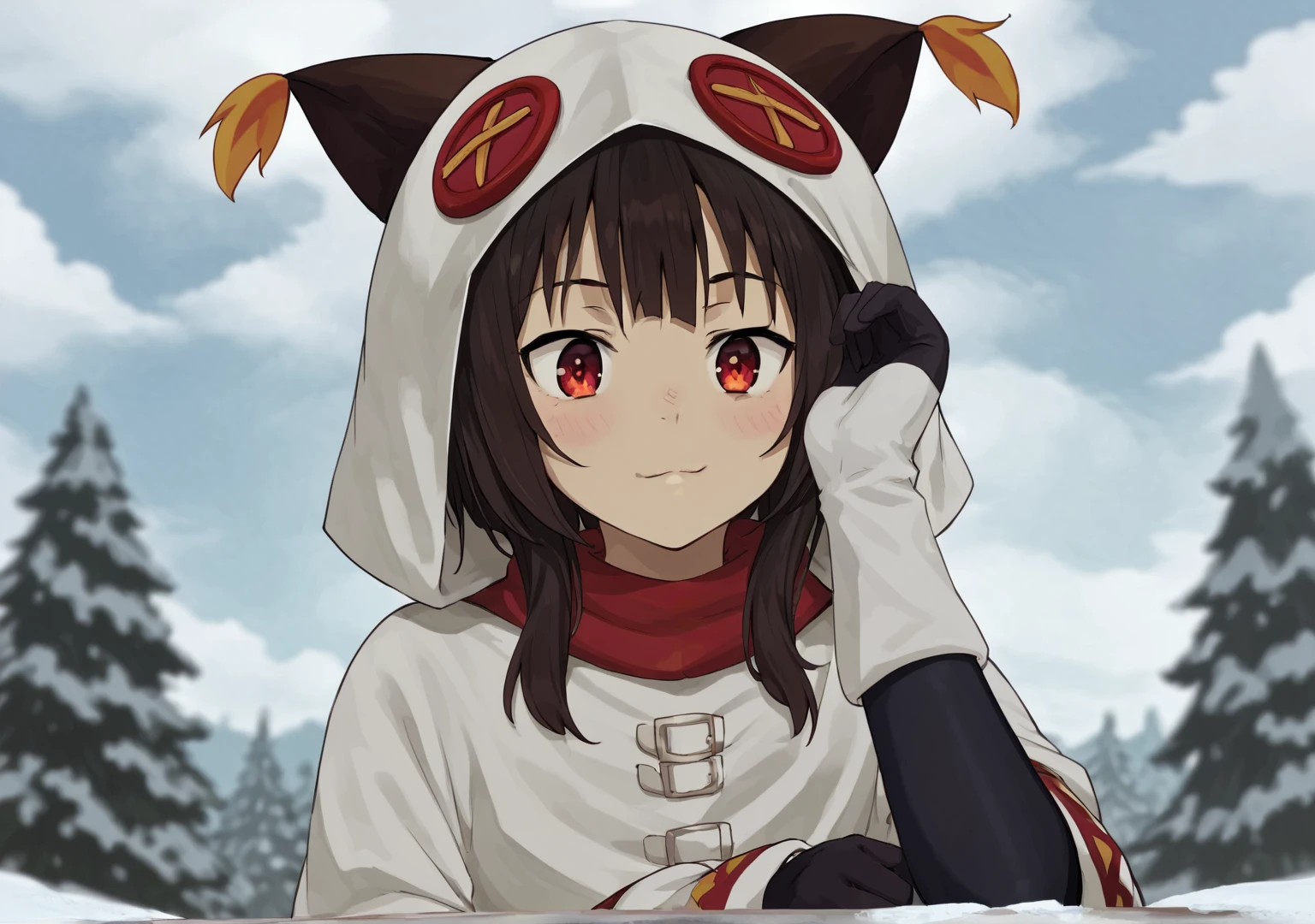 score_8_up, score_7_up, score_6_up, score_5_up, score_4_up, anime screenshot, 
<lora:MeguminWinter-000007:0.6>
megumin, 1girl, winter clothes, white hoodie, short hair, red eyes, black bodysuit, gloves,