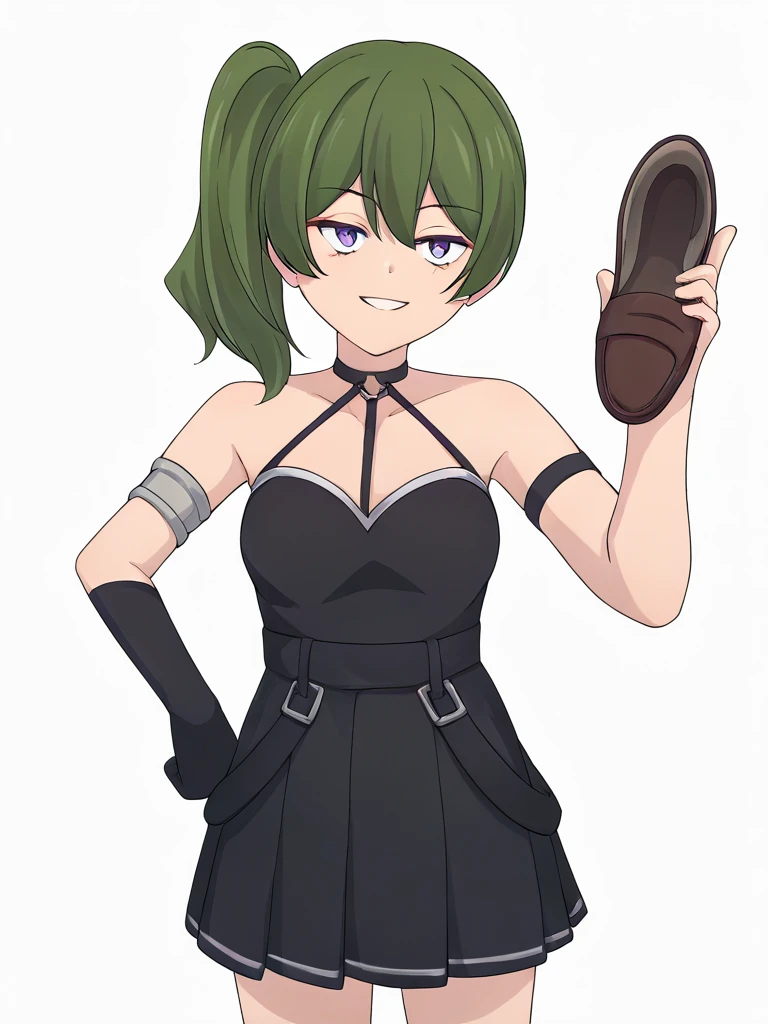 <lora:UbelXL:1><lora:holding_shoes_anime_xl_v1:1>holding,holding_shoes,1girl,score_9, score_8_up, score_7_up, score_6_up, score_5_up, score_4_up, BREAK, source_cartoon, source_anime,
1girl, ubel, green hair, side ponytail, purple eyes, chocker, bare shoulders, black dress, arm strap, armlet, black dress, pleated skirt, single glove,
hands on hips, standing, smile, looking at viewer, solo, simple background, white background