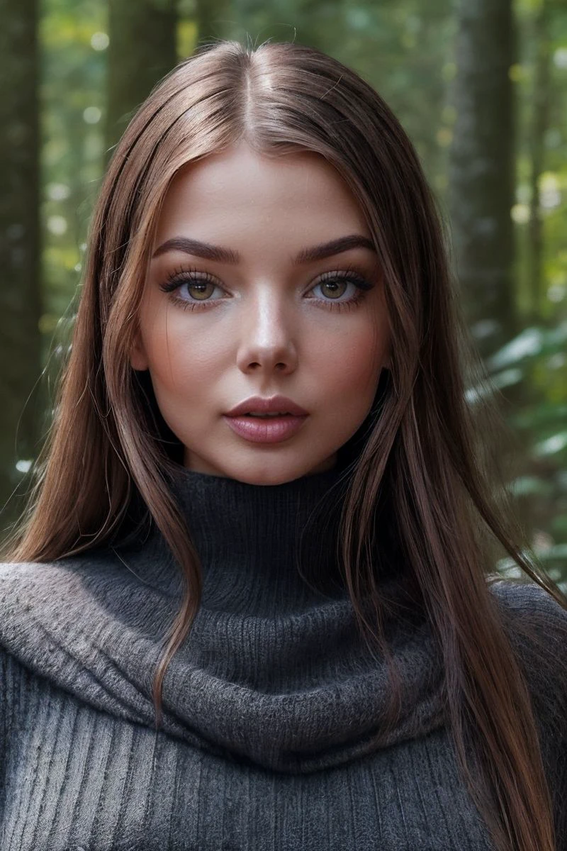 headshot of S226_LillyRae,a gorgeous woman,in a (forest:1.1),wearing a (crocheted-sweater:1.1),(sunset:1.1),(8k, RAW photo, best quality, depth of field, ultra high res:1.1),(absurdres, intricate, photorealistic, masterpiece, ultra-detailed:1.2),