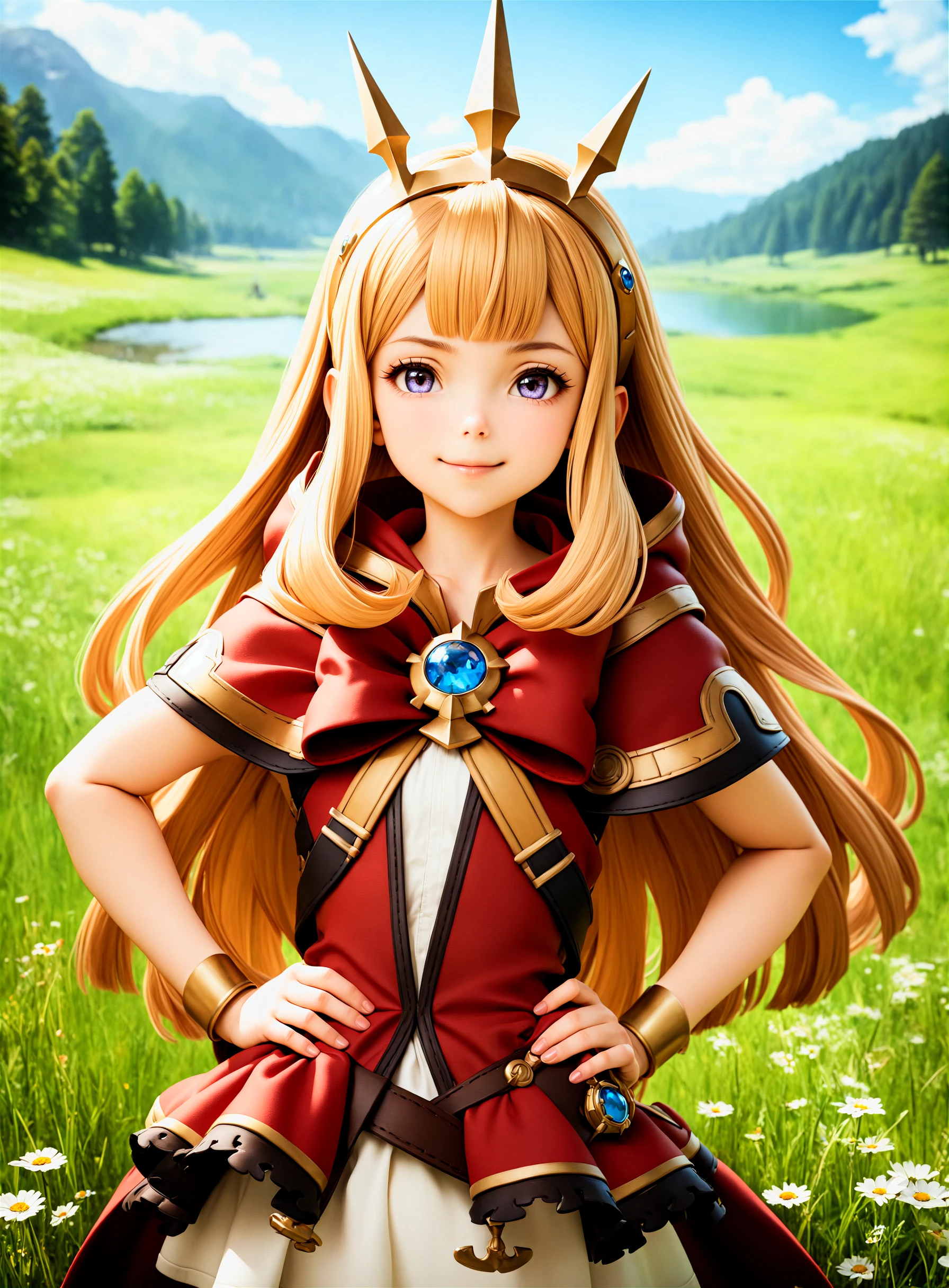 1girl, cagliostro \(granblue fantasy\), granblue fantasy, looking at viewer, smile, hand on hips, upper body, standing, outdoor, day, meadow, masterpiece, best quality,