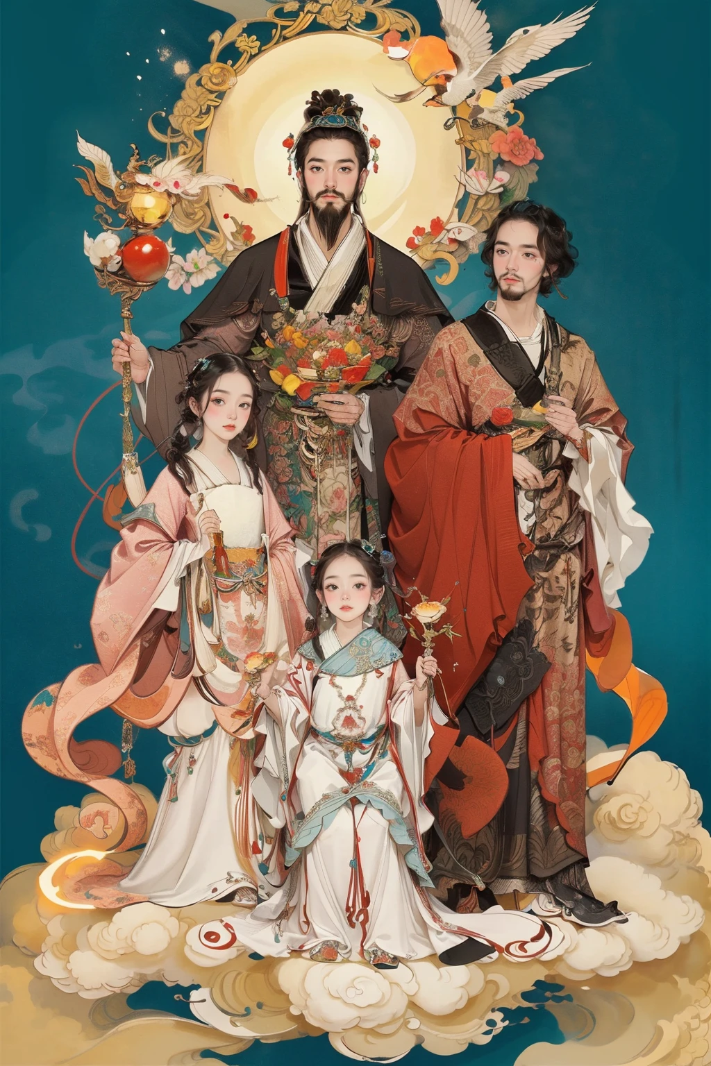 multiple boys,black hair,cloud,staff,old,multiple girls,facial hair,<lora:md-031-å¤ä»£ç¥è¯æé0.6-0.9:0.7>,, masterpiece,best quality,ultra-detailed,