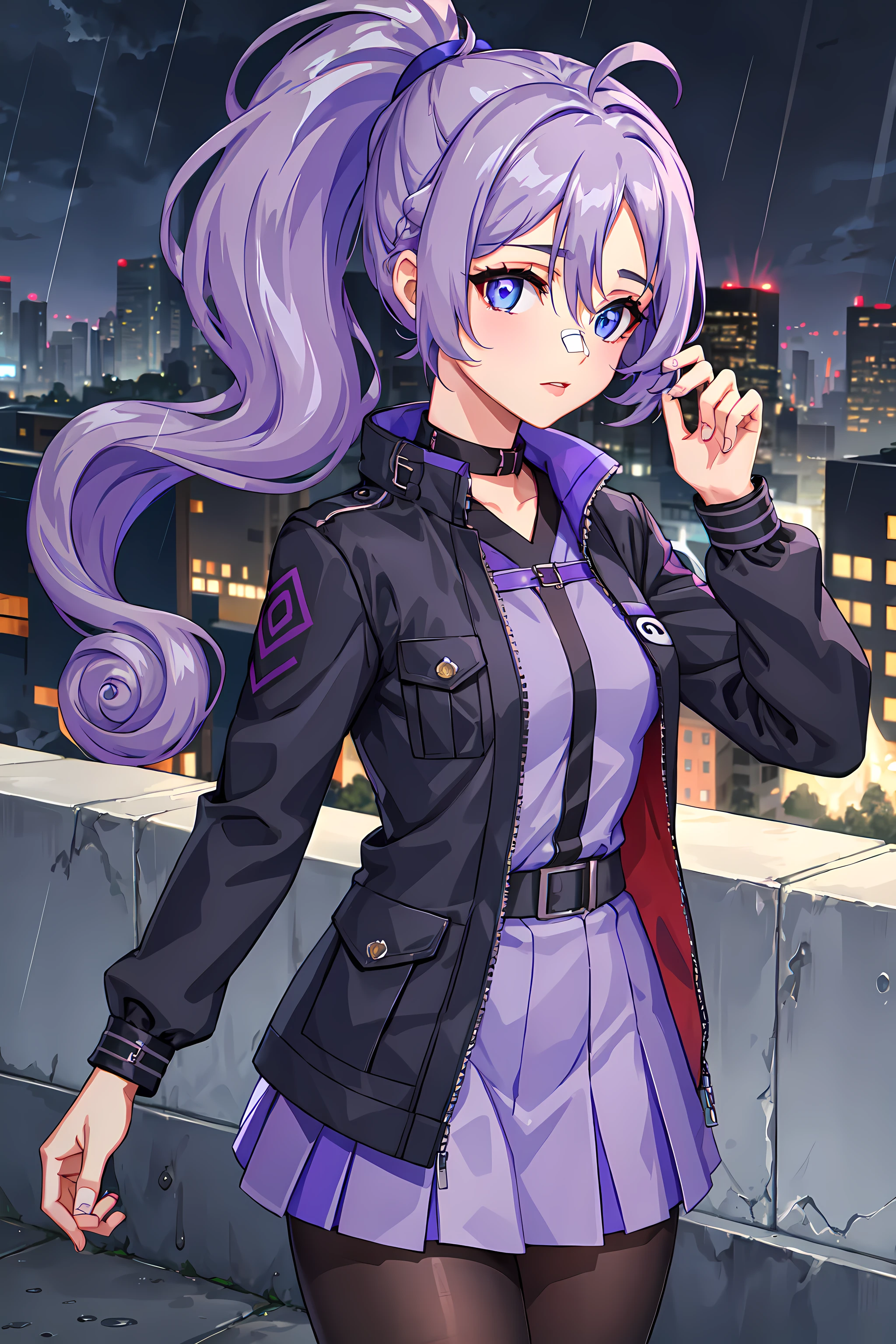 <lora:Sawyer_from_Crush_Crush:0.7> sawyer, masterpiece, best quality, 1girl, solo, purple hair, blue eyes, ponytail, bandaid on nose, night, rain, downtown, jacket, skirt, opaque pantyhose, boots