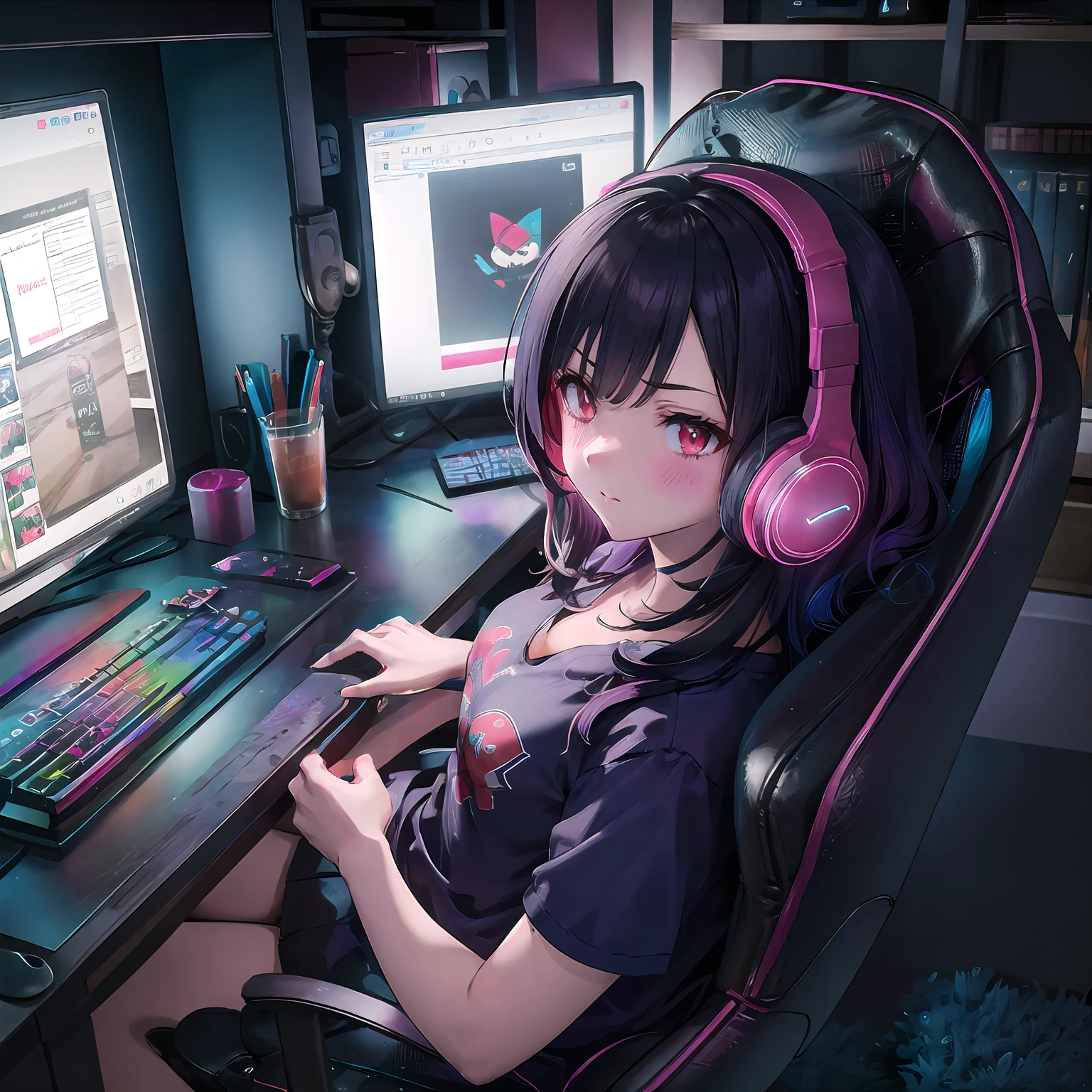 hires,high quality,best quality,1girl,mature female,upper body, black hair, red eyes, headphones, very long hair,gaming-room, gaming chair, sitting on chair, playing games, looking at viewer, full blush, playing games, angry, frustrated, keyboard (computer), mouse (computer), game on screen, looking away, from above, from behind
<lora:Gaming Room:1>