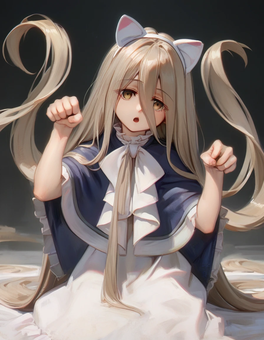 score_9,score_8_up,score_7_up, source_anime, raiting_questionable, a girl is sitted on a desktop, looking at viewer,paw pose, open mouth, fake animal ears, head tilt, 
<lora:sweetonedollar_style_xl_v3:1> <lora:sense_sousou no frieren_PONY_last:.8>sense \(sousou no frieren\),brown eyes,very long hair,absurdly long hair,hair between eyes,eyes visible through hair, blue capelet,frilled dress,white long dress