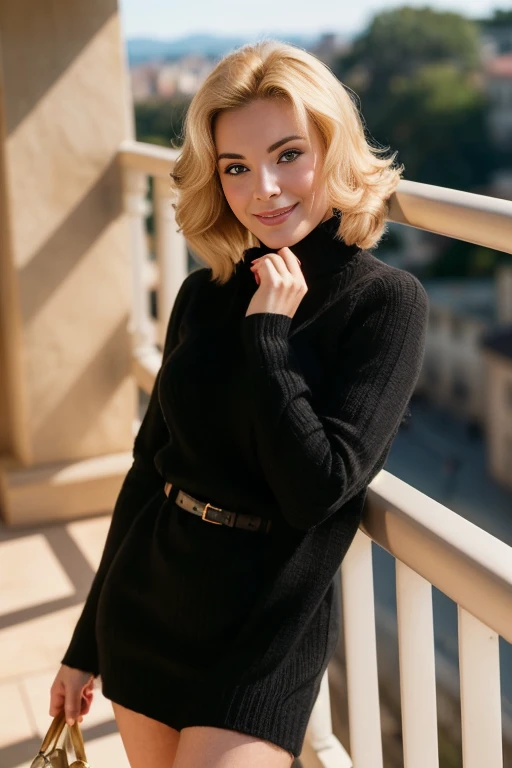 MarP3rTTXV1A,
a beautiful woman in a black-colored sweater holding her hands to her face while standing on a balcony with a railing, (big smile), (black sweater)
(professional photo shooting), (high buget photo), (extremely detailed skin), (flawless skin), (model pose), (highly detailed facial features),
(perfect color grading), (High-quality textures and materials), (perfect lighting and environments), (accurate light and shadow effects), (perfect overall visual quality),
(natural light), (high quality photography), (intricate details), (8k), (HDR), (sharp focus), (medium view)