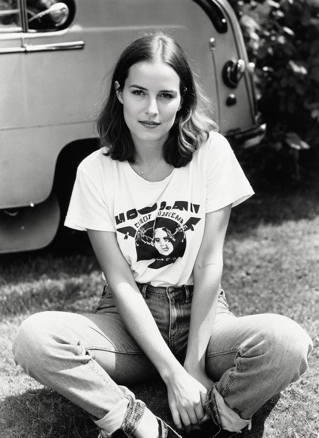 photo of sks woman, natural lighting, by Dorothea Lange, Band t-shirt and ripped jeans <lora:locon_bridgetmendler_v1_from_v1_64_32:1>