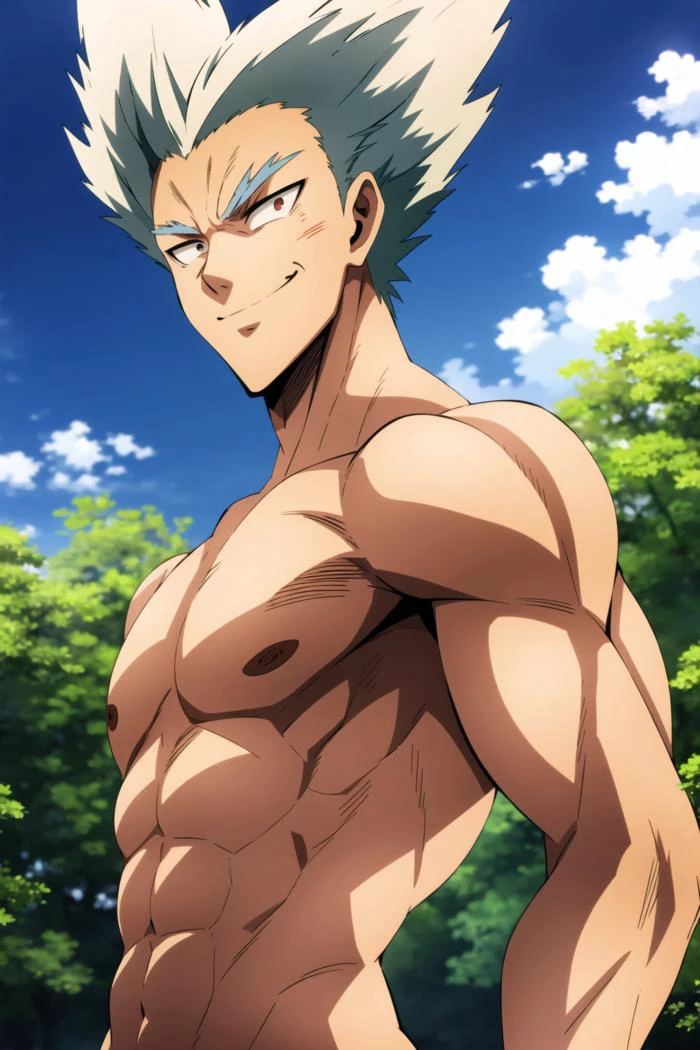 garou, anime, one punch, 1boy, upper body, male focus, solo, spiked hair, white hair, looking at viewer, sky, smile, cloud, tree, outdoors, day, <lora:Garou:0.8>