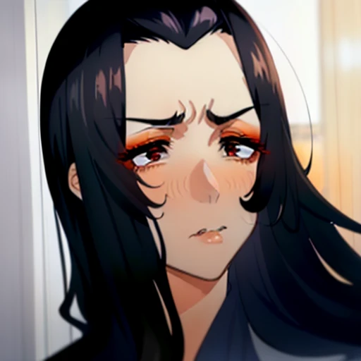 ((GUN TO HEAD G2H)) percy, detailed eyelashes, tan, long hair, black hair, v hairline, widowspeak, widows peak, pout, red eyes, big nose, shiny skin, orange blush, orange makeup, orange lipstick, downturned eyes, forehead wrinkle, angry, angry brows, pouting, eyelashes, doe eyes, androgyny, boy, male, masculine