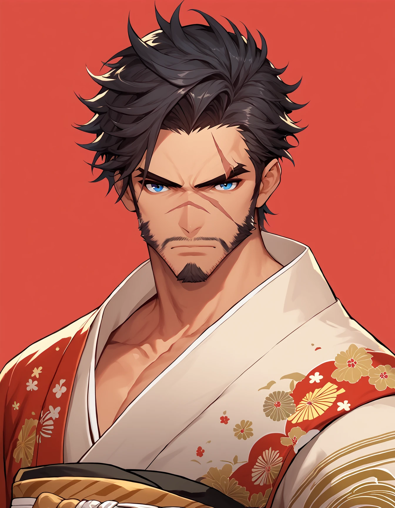 score_9, score_8_up, score_7_up, score_6_up, score_5_up, score_4_up, solo, looking at viewer, short hair, blue eyes, black hair, 1boy, closed mouth, upper body, male focus, japanese clothes, kimono, facial hair, scar, portrait, red background, beard, scar on face, serious, mature male, manly