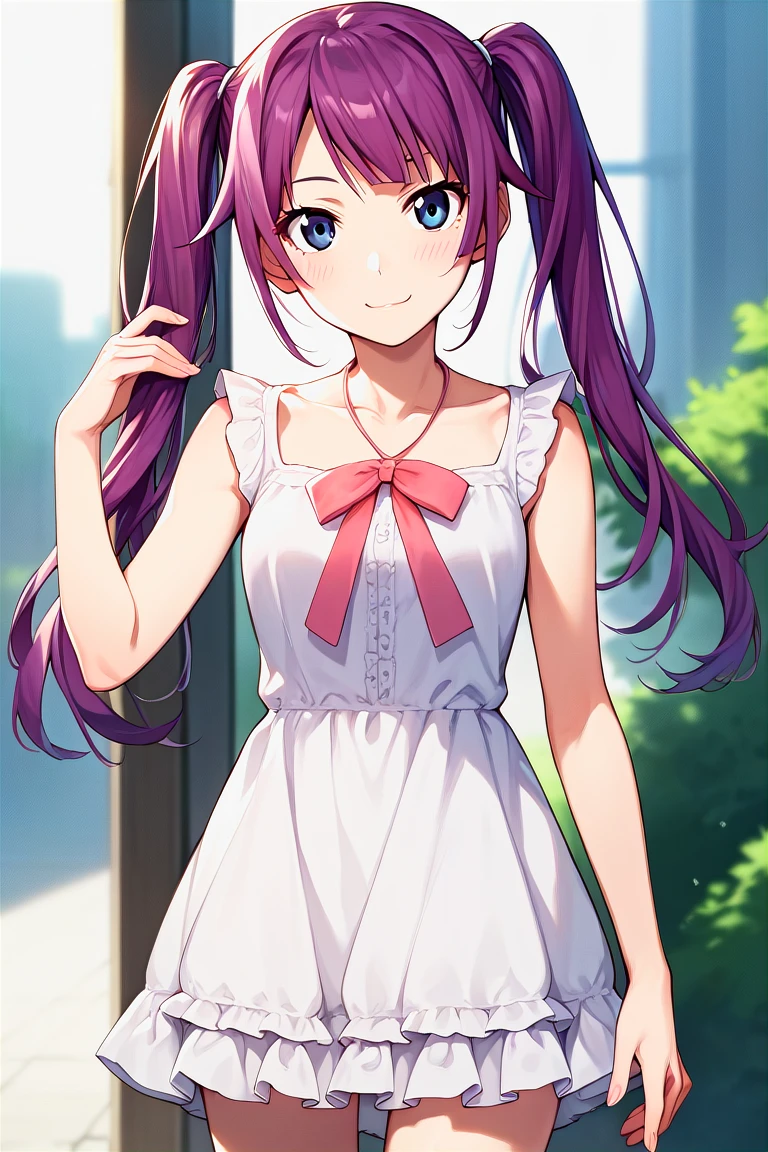 score_9, score_8_up, score_7_up, score_6_up, score_5_up, score_4_up, rating_questionable, , source_anime, digital illustration, pixiv, fanbox, uncensored, , BREAK, official art,
1girl, solo, female, hitagi senjougahara, purple hair, blue eyes, long hair, twintails,
casual outfit, frilled dress, outdoors, light smile, blush, cowboy shot, looking at viewer,    <lora:Hitagi_Senjougahara_Pony:0.8>