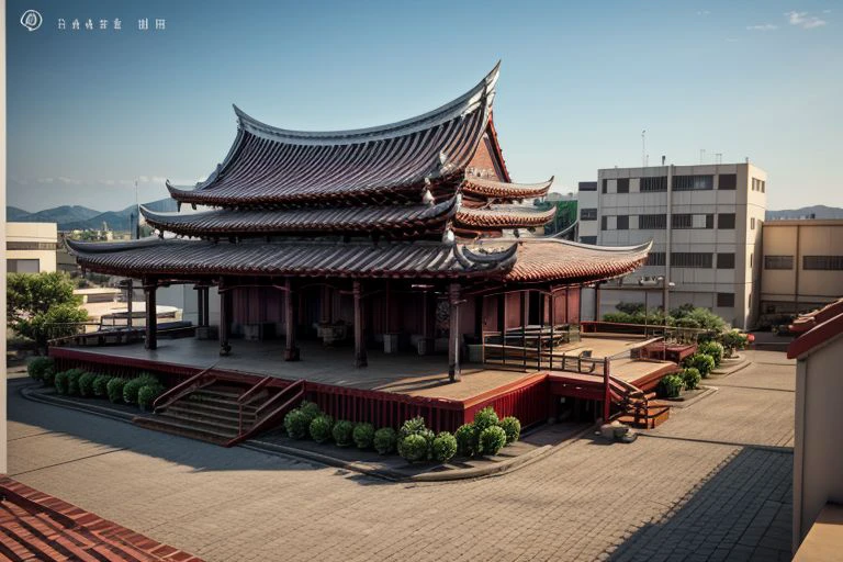 architecture, landscape, scenery, east asian architecture, Lukang Longshan temple, (Taiwanese temple, Hokkien architecture, Southern Min architecture) East Asia, vintage, historical, heritage, trational, ancient, wooden structure,  (orange tiled roof, upward curve ridge roof,), best quality, masterpiece, <(realistic:1.3), intricate details>, 8k, RAW photo, scenery, (hdr:1.25), (intricate details:1.14), (hyperrealistic 3d render:1.16), (filmic:0.55), chinese text, aerial view