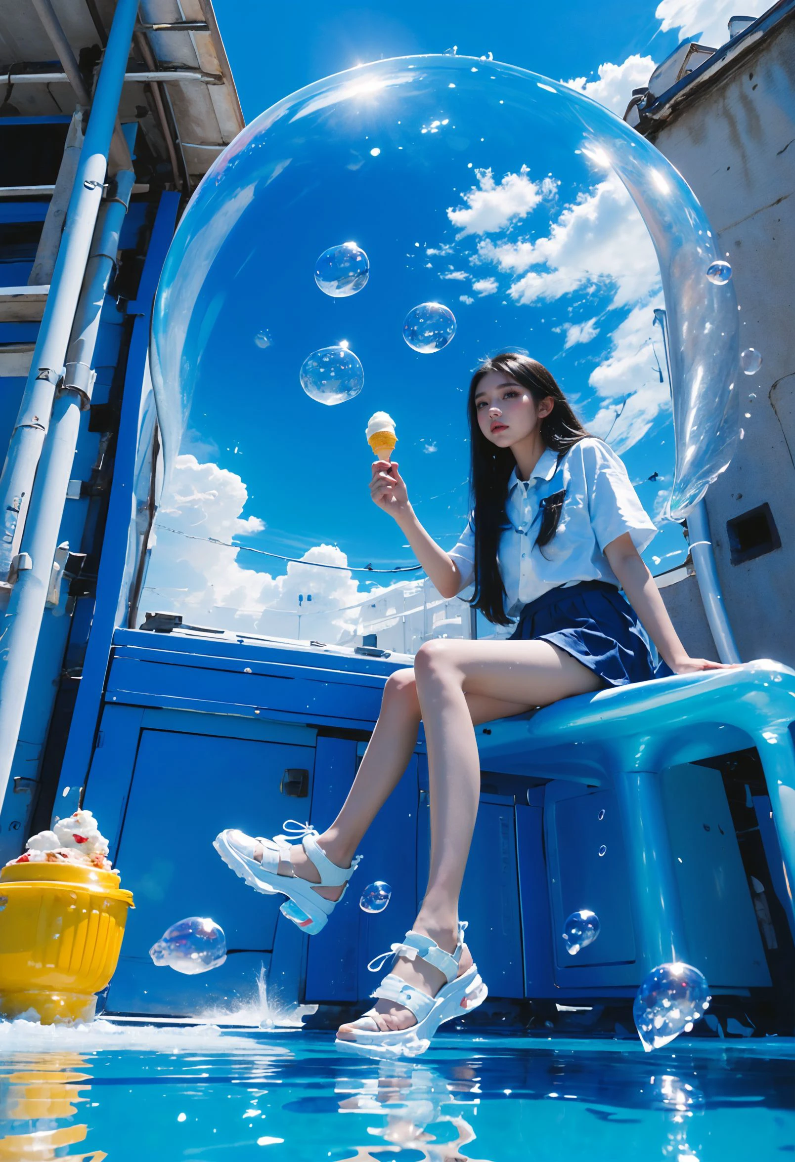 (best quality,official art,beautiful and aesthetic:1.2),(fractal art:1.2),offcial art,colorful,Colorful background,splash of color,movie perspective,advertising style,magazine cover,
xuer popsicle,1girl,solo,long hair,skirt,shirt,black hair,holding,sitting,school uniform,white shirt,short sleeves,pleated skirt,outdoors,food,sky,shoes,day,collared shirt,cloud,black skirt,medium hair,water,blue sky,blue skirt,bare legs,ocean,sandals,white footwear,holding food,scenery,bubble,blue theme,water drop,ice cream,(air bubble:1.3),summer,whale,
<lora:~Q?-| xuer popsicle:0.8>,