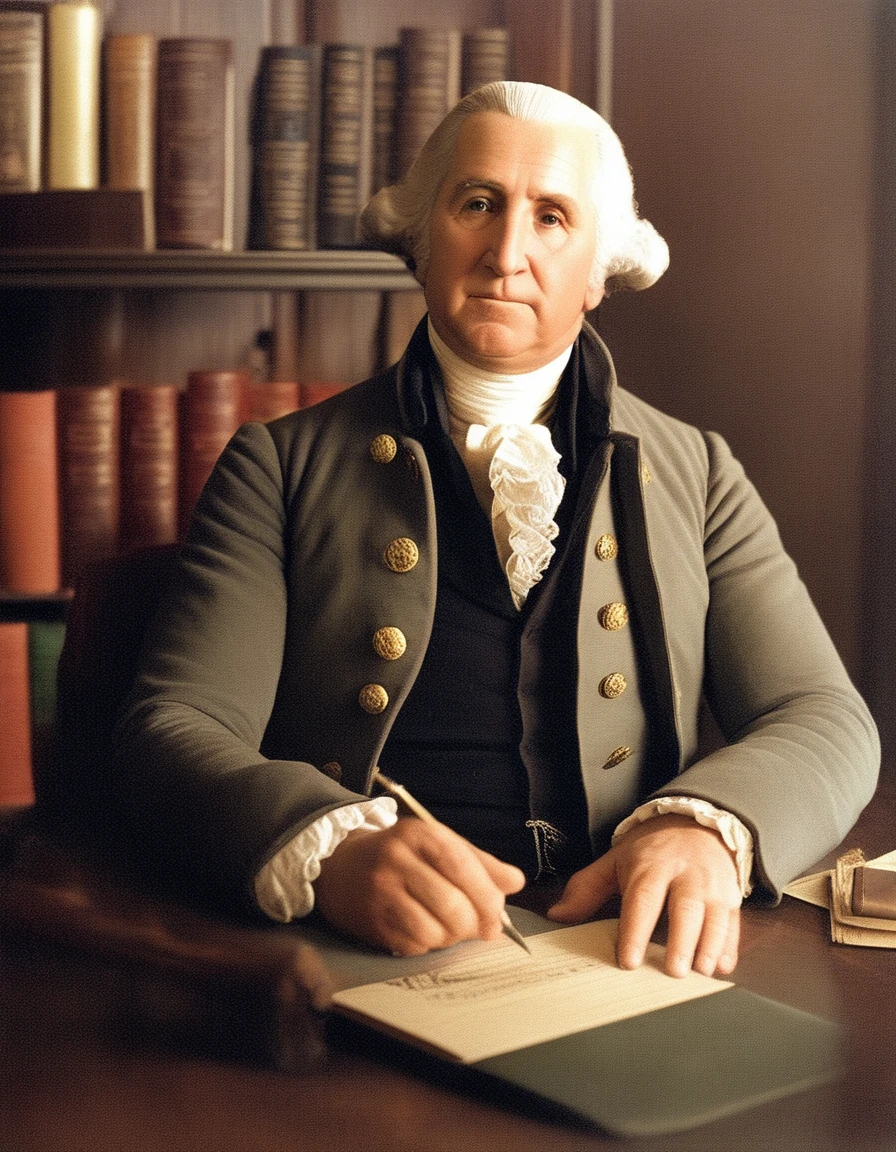 <lora:analogXLrelease:1> analog style photograph of George Washington, in his study