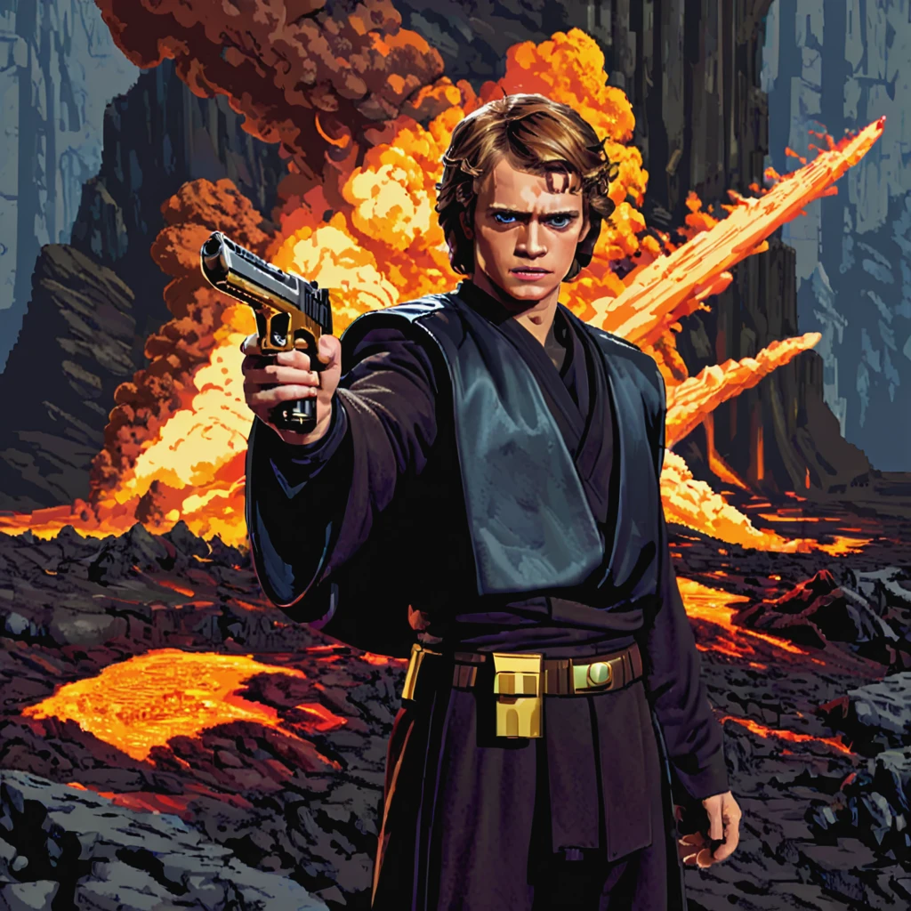 Anakin Skywalker holding a gold desert eagle pistol in his outstretched hand, in a lava flow, scifi, magma, lava, volcano, solo, deagle, masterpiece, anak1n man, j3di outfit, movie poster,    ((pulp_comic, heavy_lines, hand_drawn, hand_inked, hand_colored, perfect_face, apxlz))