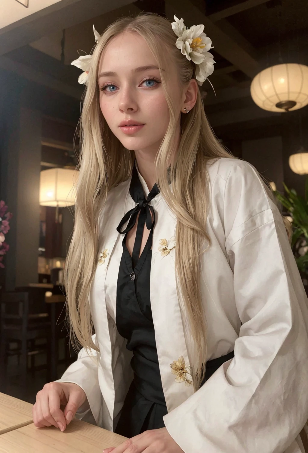 photo of 24 years old lol4bunny with long straight blonde hair, plump lips, (wearing hanfu), long sleeves, ribbon, flower, hair ornament, in a Chinese restaurant with a big aquarium in the background, dim light,
detailed skin texture, (blush:0.5), (goosebumps:0.5), subsurface scattering, perfect iris, perfect pupils, perfect hands, (masterpiece, photorealistic:1.2), high quality, intricate details, highly detailed background, 8k, Ultra-HD-details, (lively-looks)
<lora:lol4bunny_16_4-step00001500:0.7>