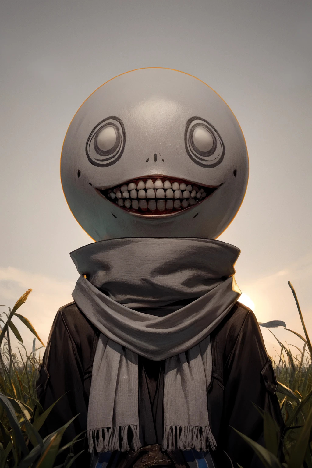 (from front, head:1.2),(outdoor, grass fields and lake:1.5),
1boy,male focus,looking at viewer, <lora:emil4-000006:0.7> (em1l, teeth, no humans, head, open mouth, 1other, smile, grin, cloak, scarf, light_grey_head:1.5),skeleton_hands,
(best quality:1.1), (masterpiece:1.4), (absurdres:1.0),highres,clean, wallpaper, ((ultra-detailed:1.5)), (best illustration),<lora:add_detail:0.5>