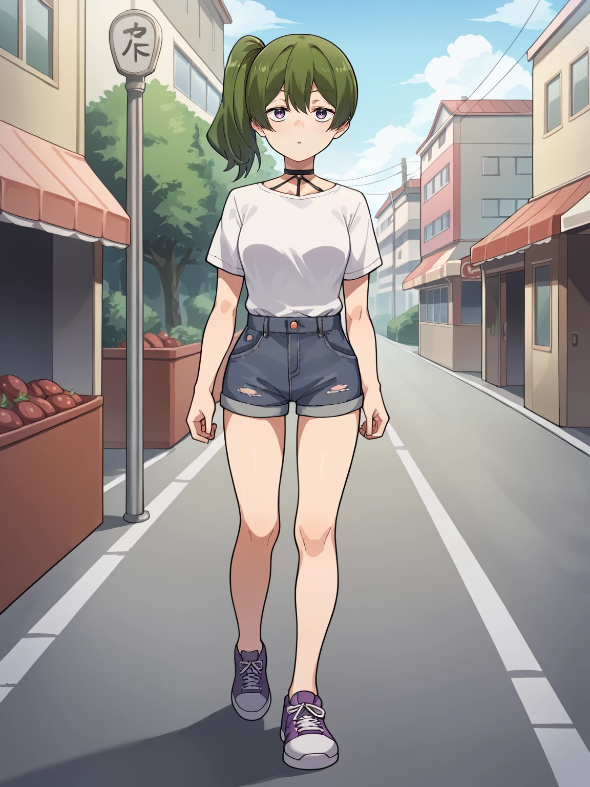 score_9, score_8_up, score_7_up, score_6_up, score_5_up, score_4_up, BREAK, source_cartoon, source_anime,
1girl, ubel walking in the street, green hair, side ponytail, purple eyes, chocker, white shirt, denim shorts, sneakers,
solo, full body, looking at viewer, street background <lora:UbelXL:1>
