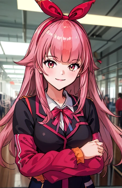 best quality, (masterpiece),(ultra-detailed), (high quality), (high resolution), <lora:MERCHI:0.7>,MERCHI, 1girl, solo, long hair, breasts, smile, bangs, large breasts, long sleeves, bow, ribbon, jacket, pink hair, hair bow, hairband, red ribbon, black jacket, neck ribbon,