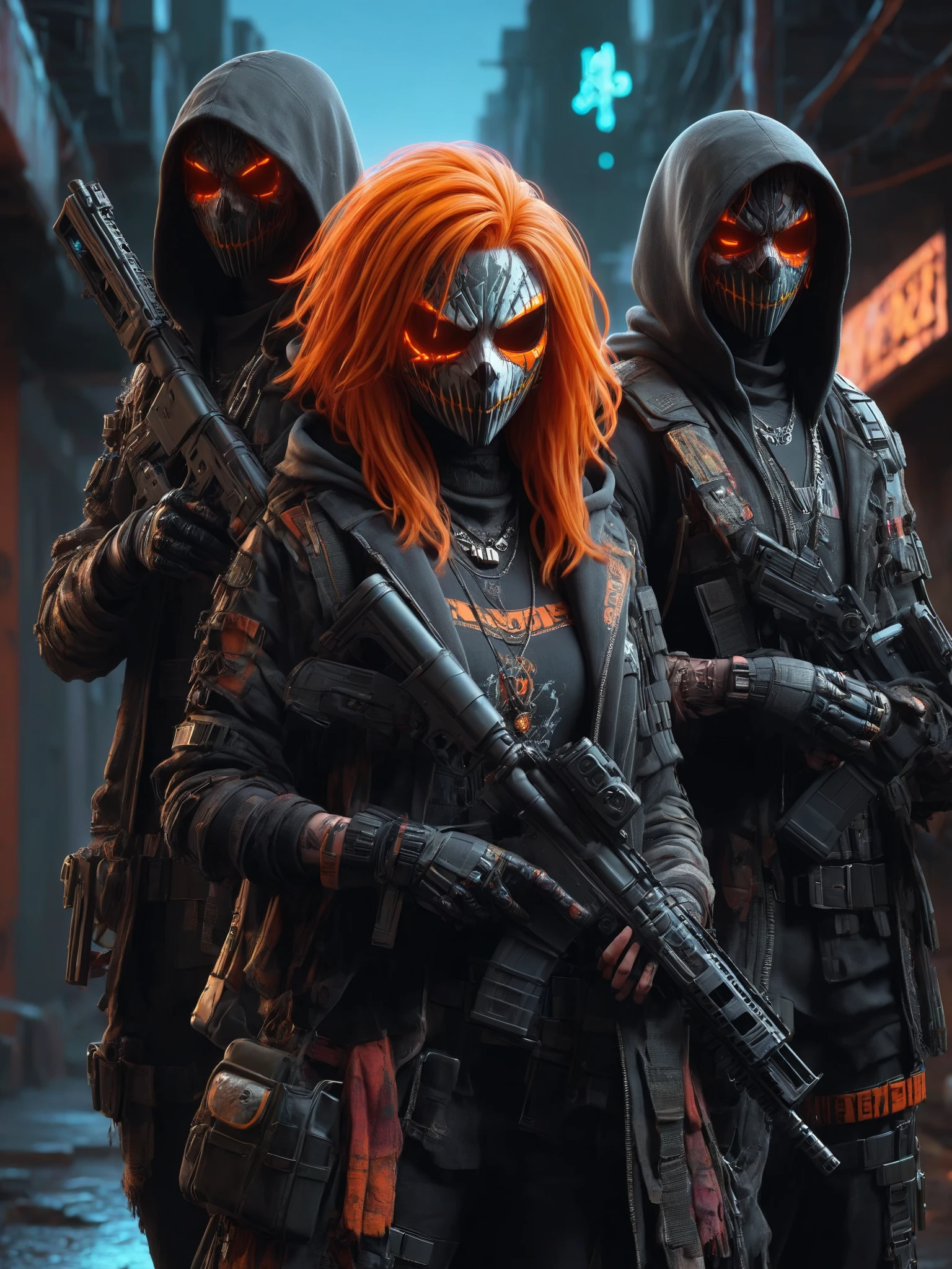 cinematic shot, dramatic lighting, 2men and 2women, mad-hllwnrs, scary mask, hoodie, hood-up, orange hair, dynamic pose, (holding rifle:1.3), dimly lit, futuristic urban alleyway, garbage, filith, neon lights, graffiti-covered walls <lora:Neon_Cyberpunk_SDXL_Halloweener:0.8>, (masterpiece:1.2), best quality, (hyperdetailed, highest detailed:1.2), high resolution textures